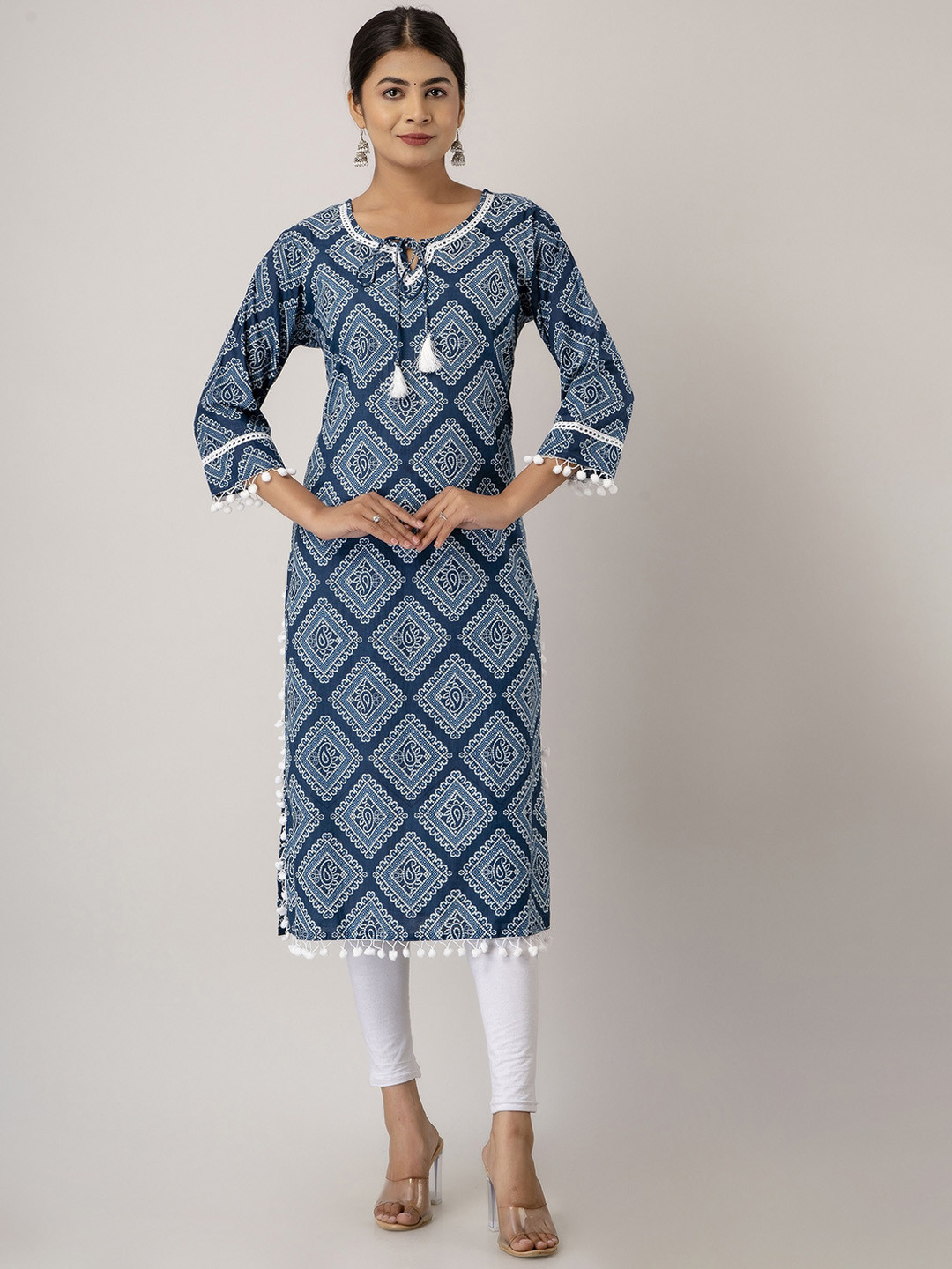 SHOOLIN Geometric Printed Tie-Up Neck Thread Work Cotton Straight Kurta