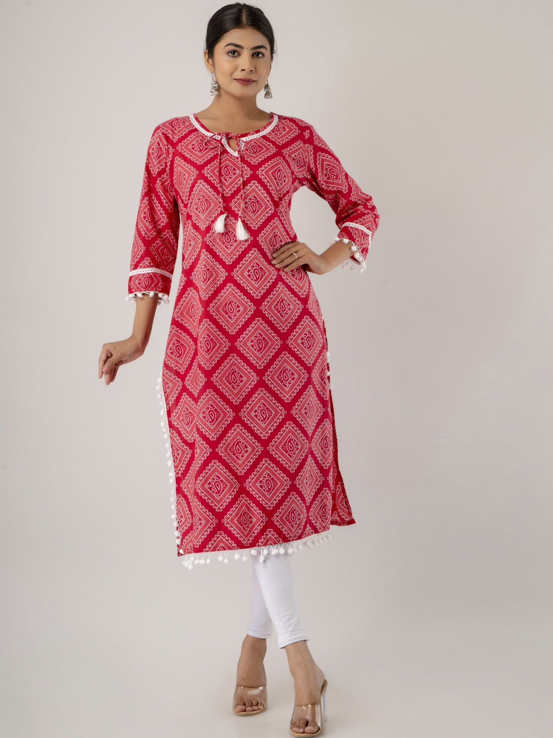 SHOOLIN Geometric Printed Tie-Up Neck Thread Work Cotton Straight Kurta