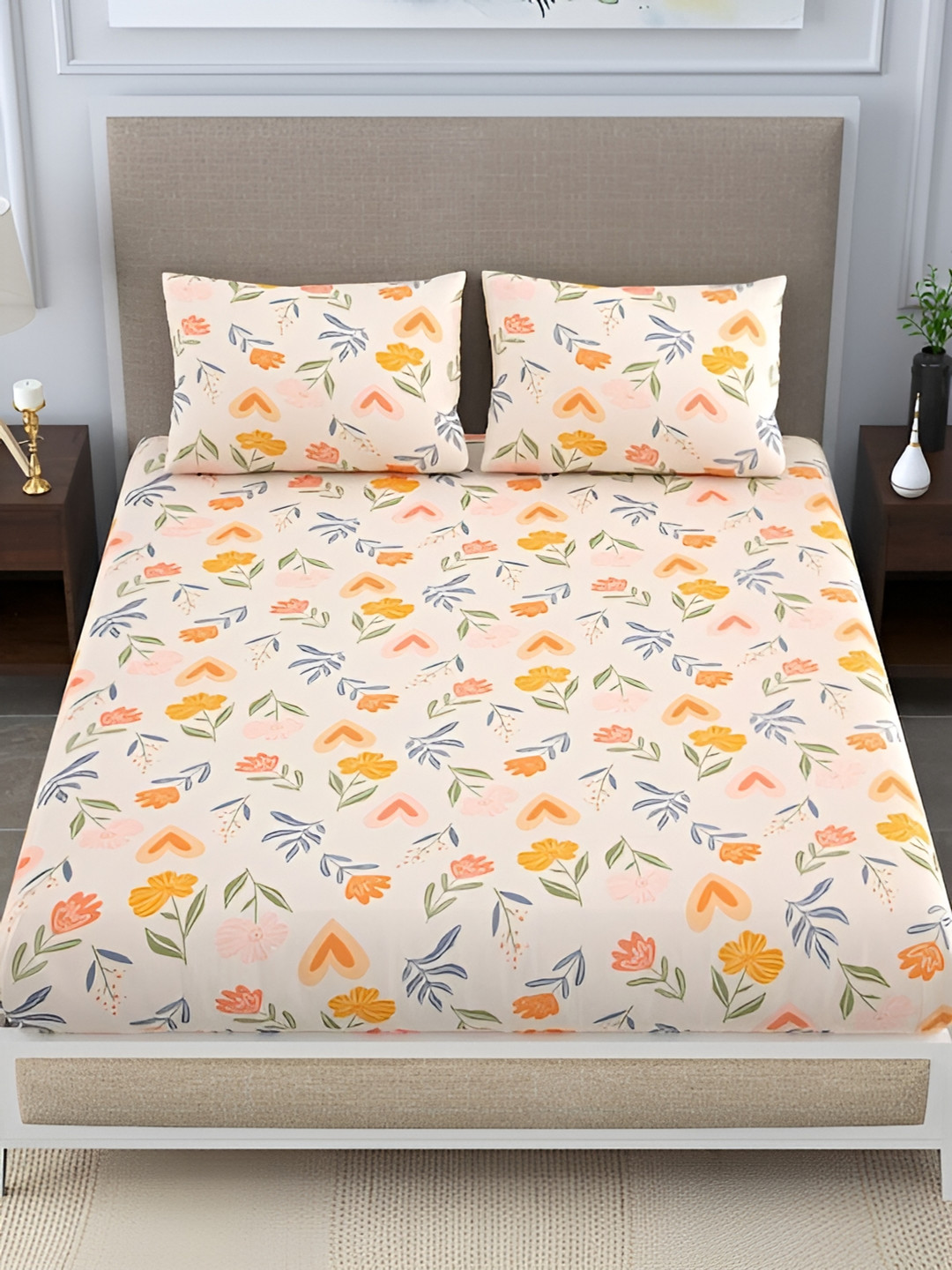 Quirky Home Yellow Floral Microfiber 144 TC Fitted Queen Bedsheet with 2 Pillow Covers-72 x 78 inches