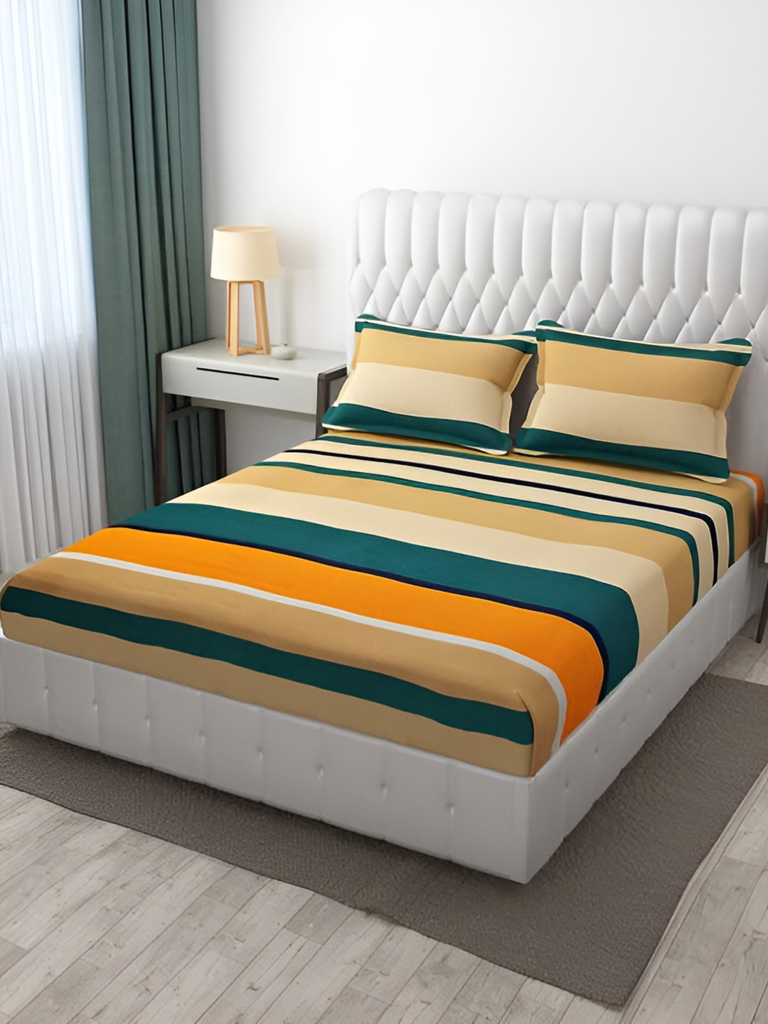 Quirky Home Yellow Striped Microfiber 144 TC Fitted Queen Bedsheet with 2 Pillow Covers-182 x 198 cm
