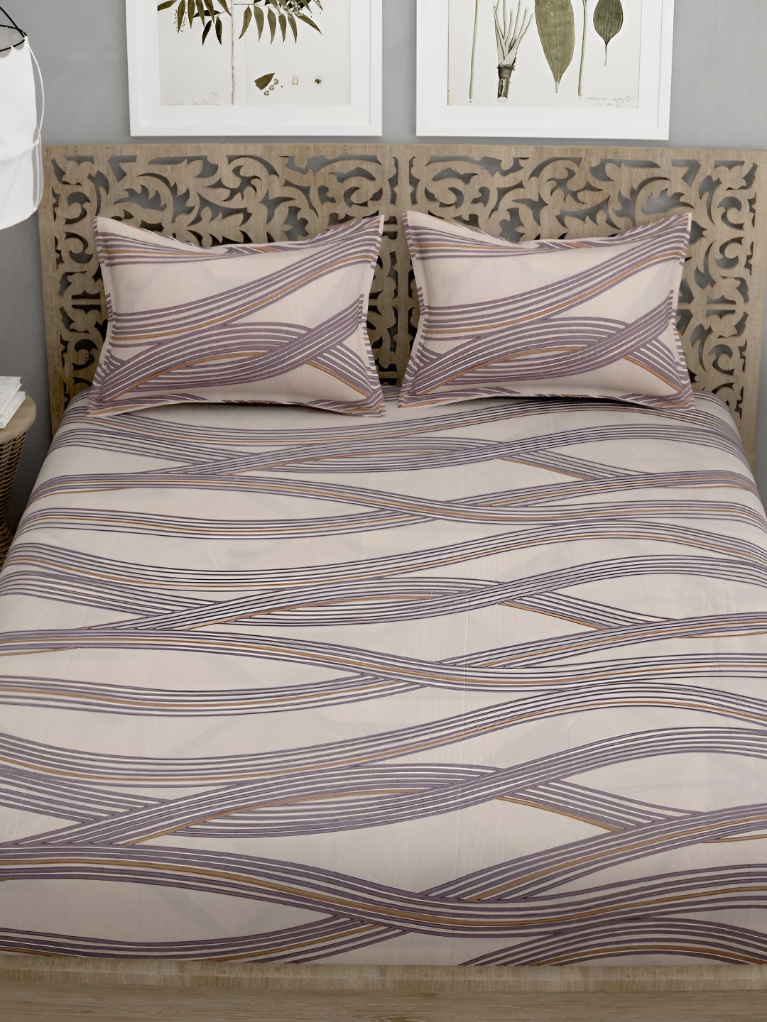 Quirky Home Camel Brown Abstract Microfiber 144 TC Fitted Queen Bedsheet with 2 Pillow Covers-182 x 198 cm