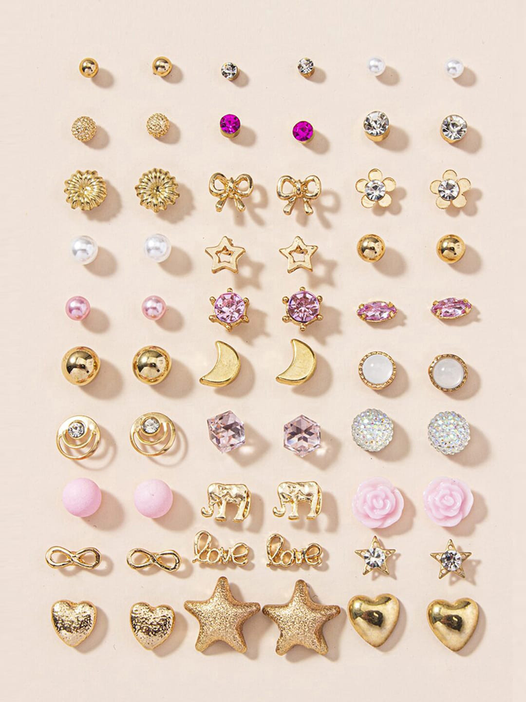 Jewels Galaxy Set of 60 Gold Plated Crystals Studs Earrings