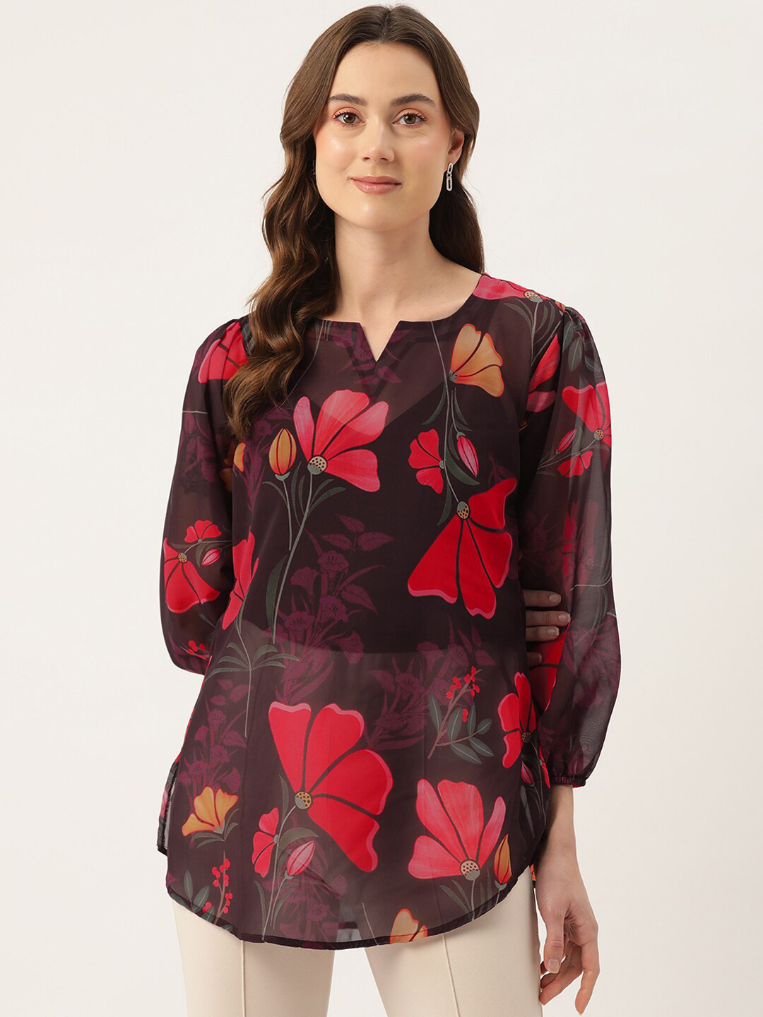 Sleek Italia Floral Printed Notched Neck Puff Sleeve Georgette Top