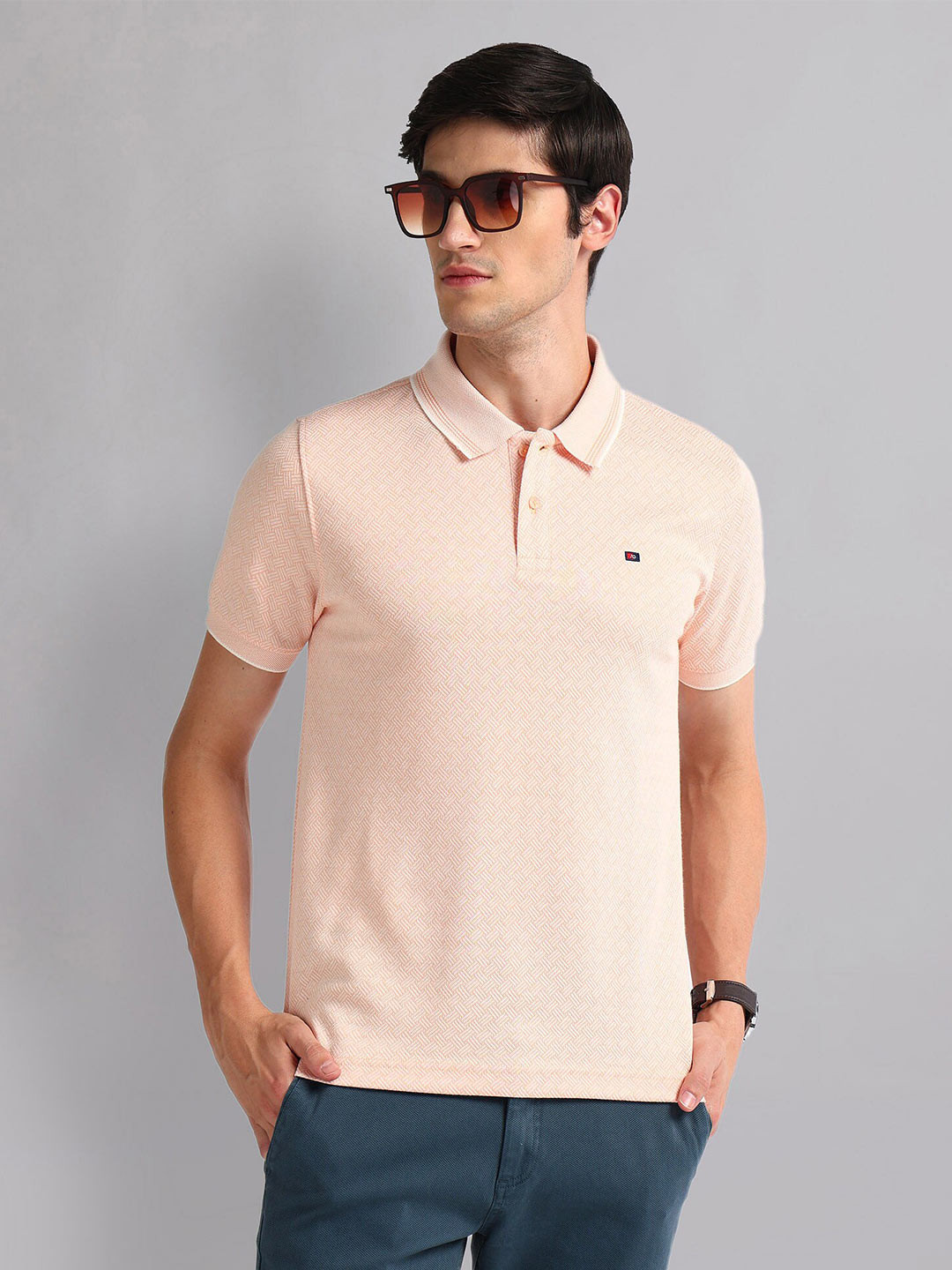 AD By Arvind Geometric Printed Polo Collar Short Sleeves Slim Fit Cotton Casual T-shirt