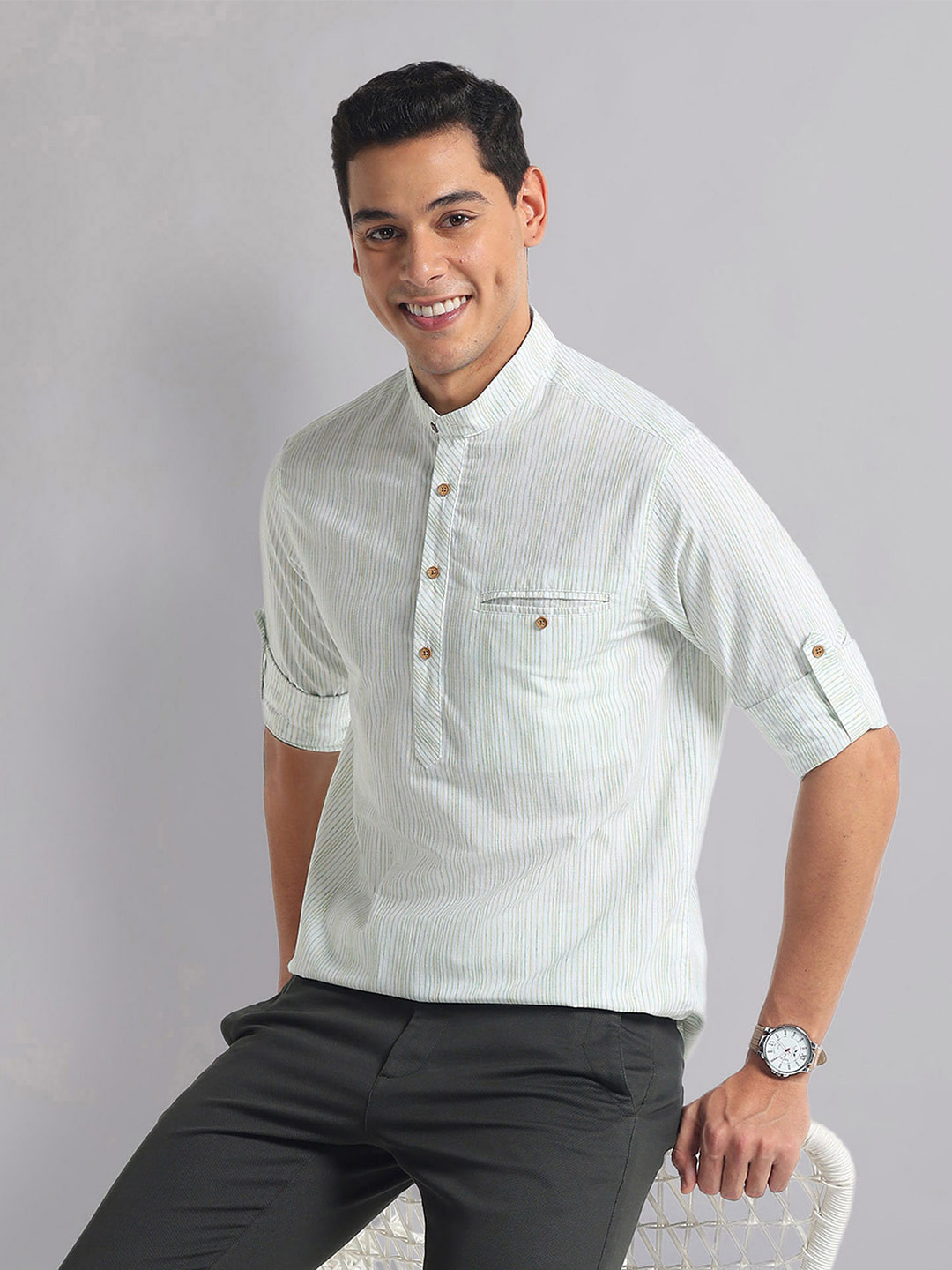 AD By Arvind Mandarin Collar Slim Fit Striped Casual Shirt