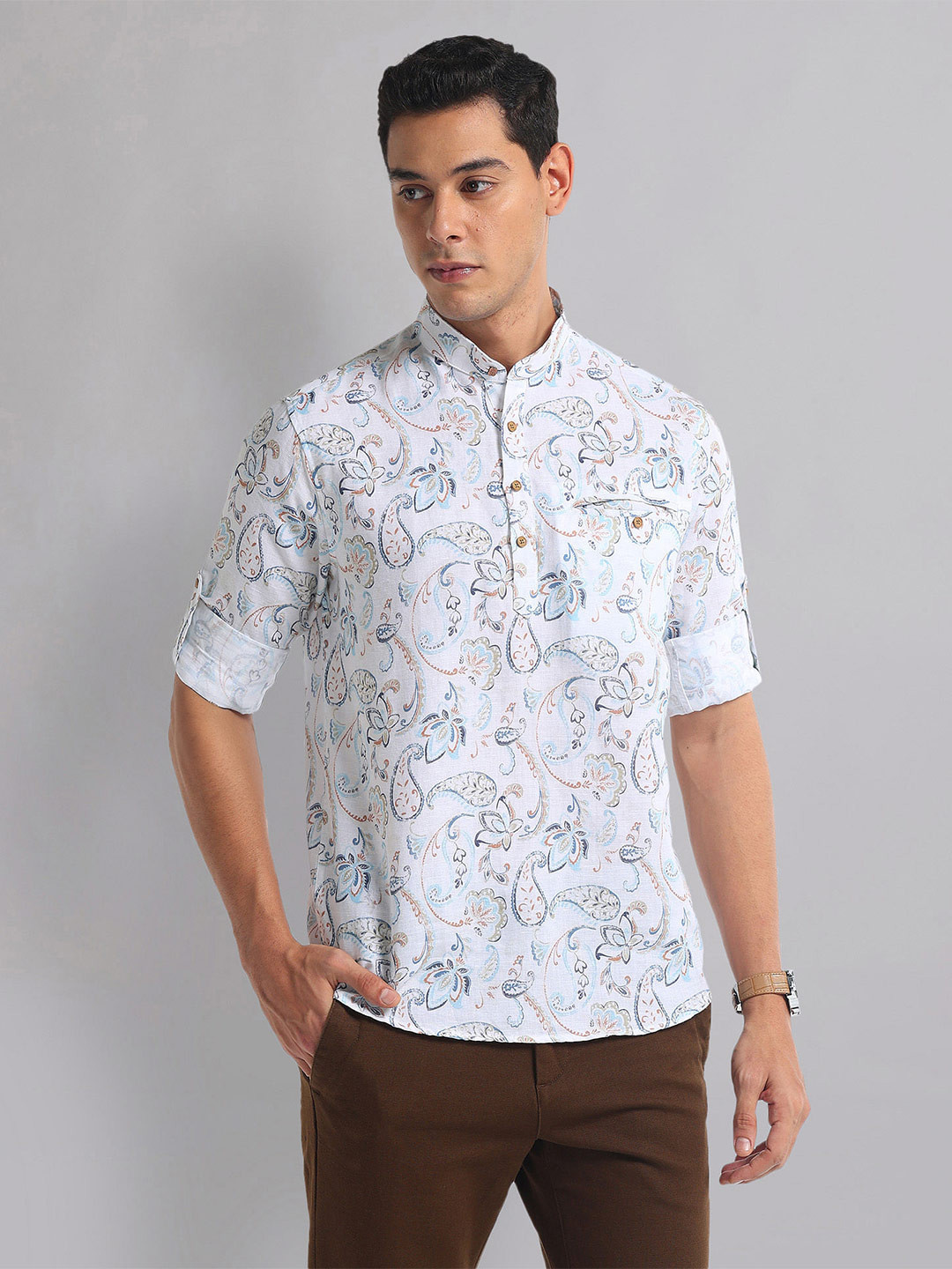 AD By Arvind Mandarin Collar Slim Fit Floral Printed Casual Shirt