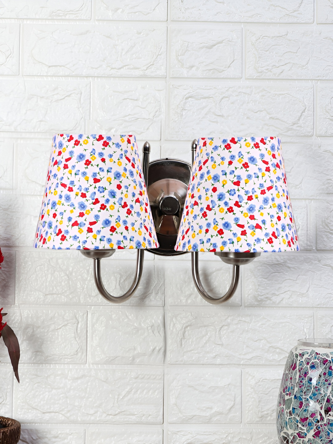 Devansh White & Red Printed Metal Traditional Frustum Shaped Wall Lamp