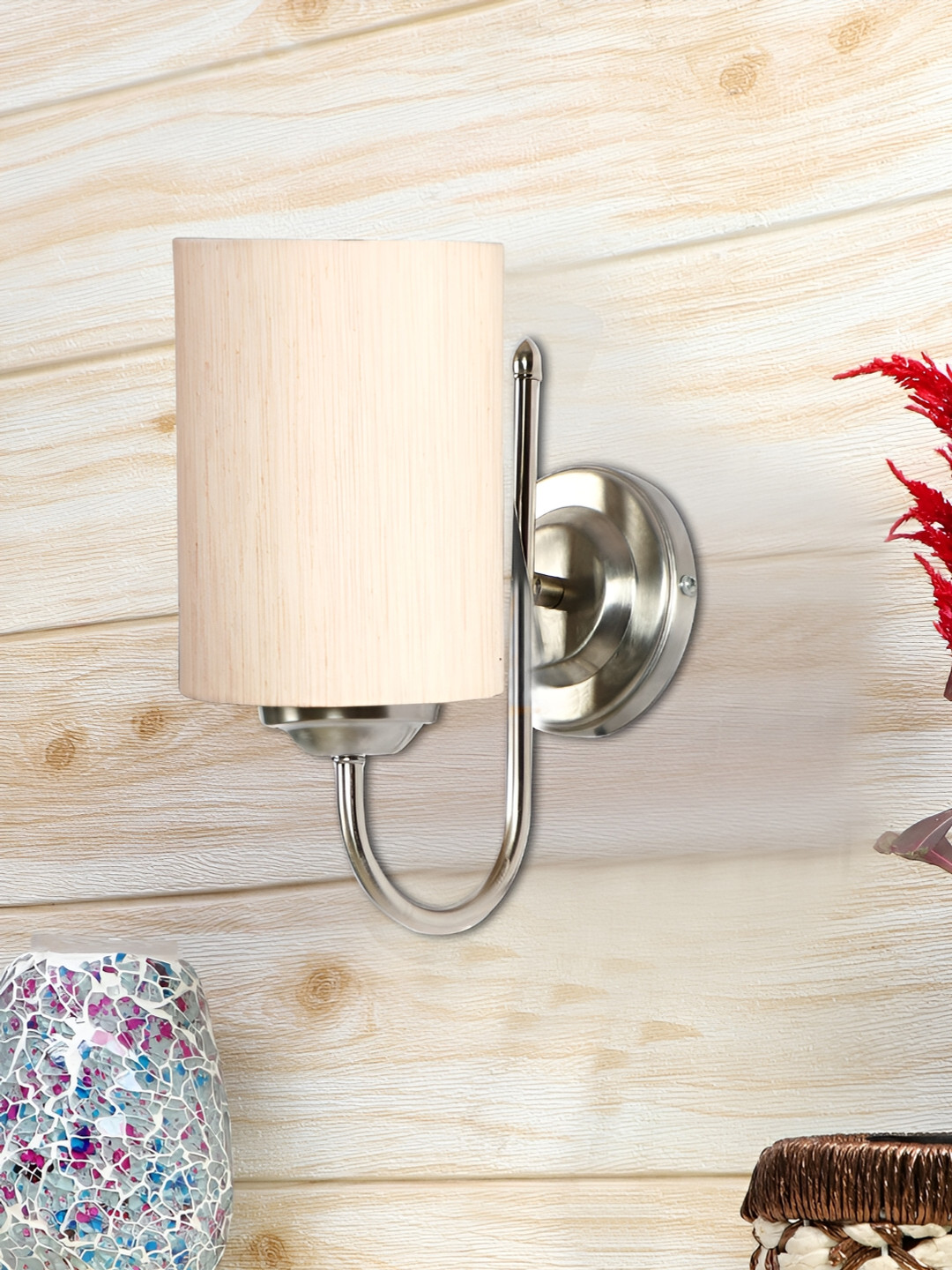 Devansh White Metal Cotton Traditional Cylinder Shaped Wall Lamp