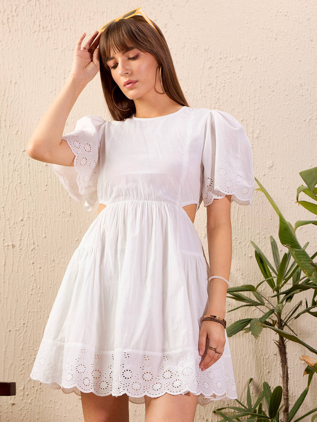 SASSAFRAS White Flared Sleeve Schiffli Cut Outs Pure Cotton Fit & Flare Dress