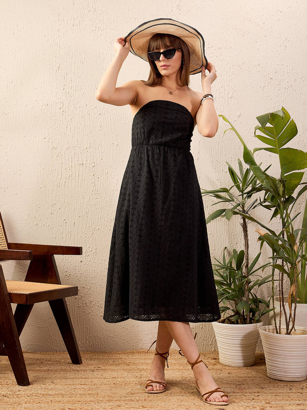 SASSAFRAS Black Self Design Schiffli Strapless Cotton Midi Dress