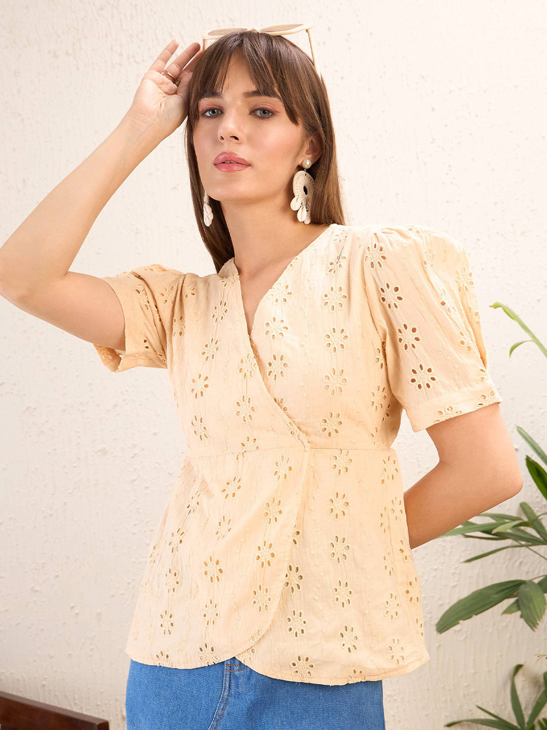 SASSAFRAS Beige Cotton Schiffli Peplum Wrap Top