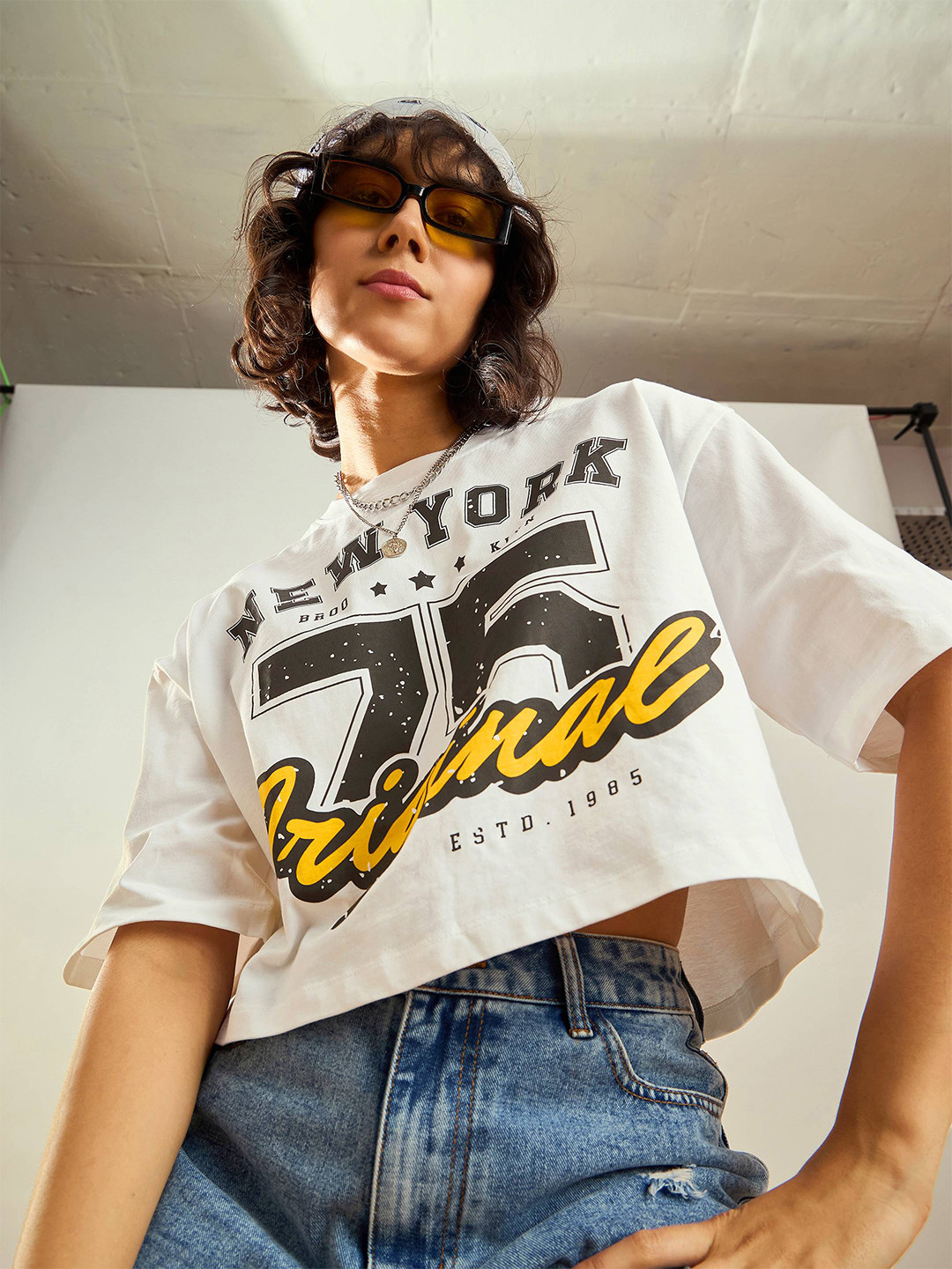 SASSAFRAS White Typography Printed Round Neck Pure Cotton Oversized Crop T-shirt