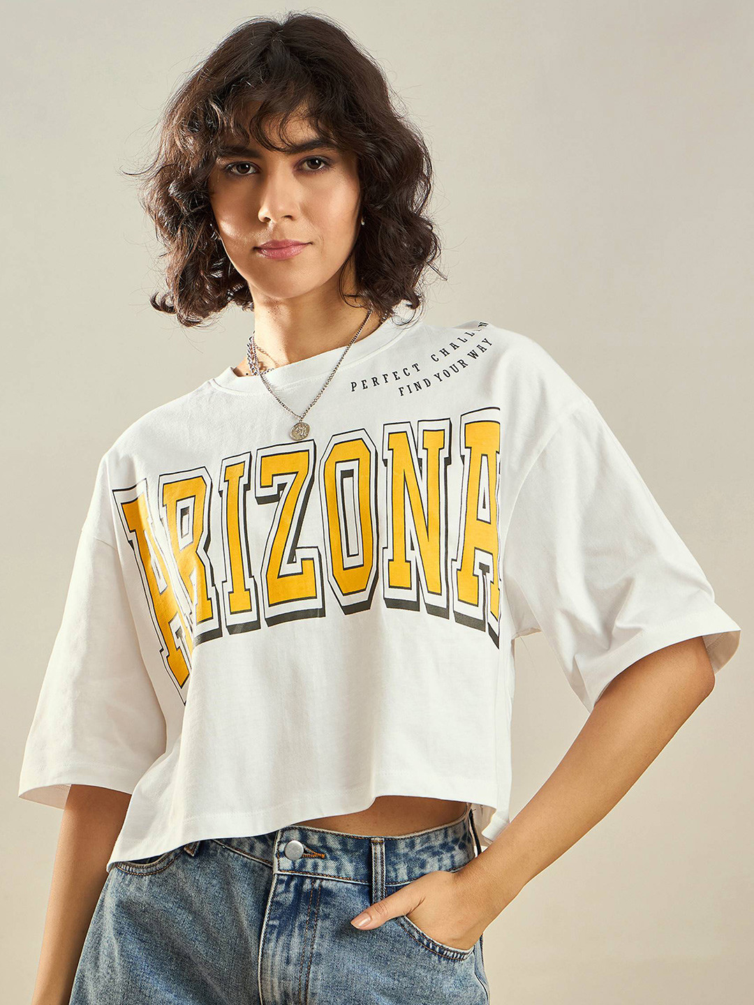SASSAFRAS White Typography Printed Round Neck Pure Cotton Oversized Crop T-shirt