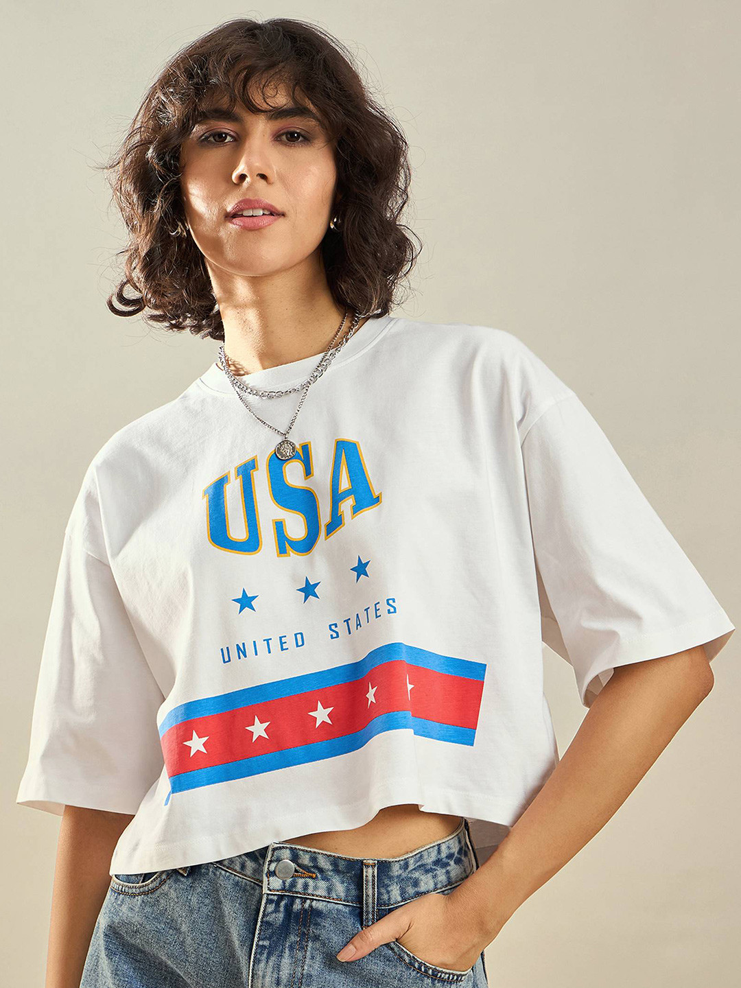 SASSAFRAS Women Typography Printed Crop Boxy Fit T-shirt