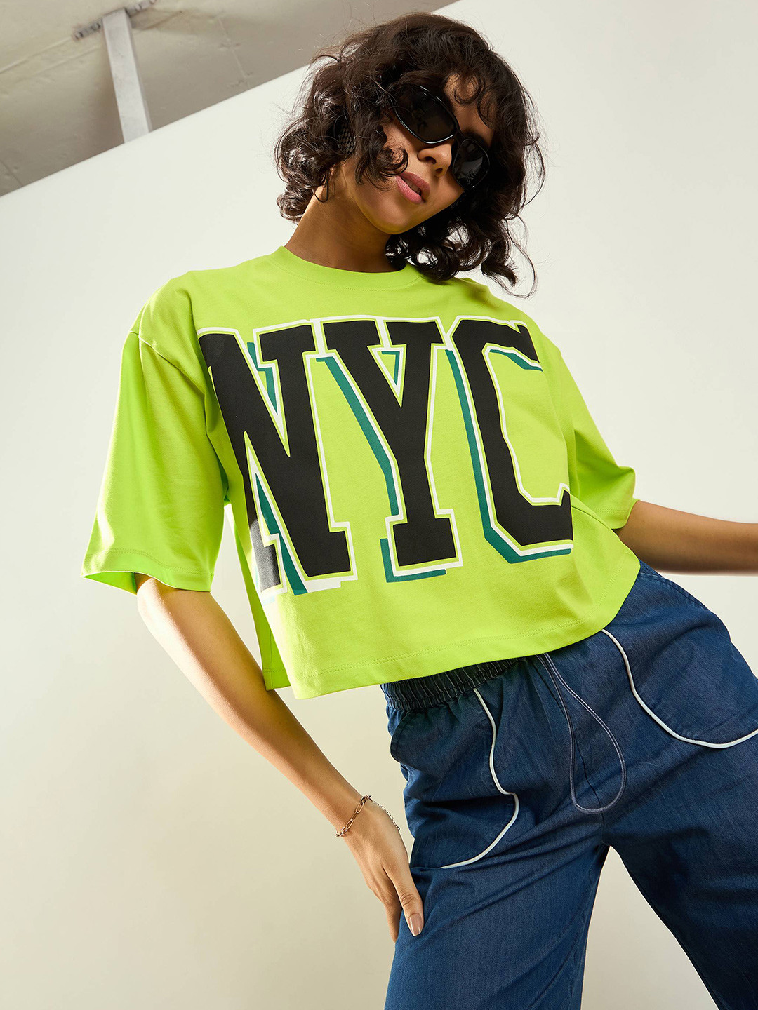 SASSAFRAS Green Typography Printed Round Neck Pure Cotton Oversized Crop T-shirt