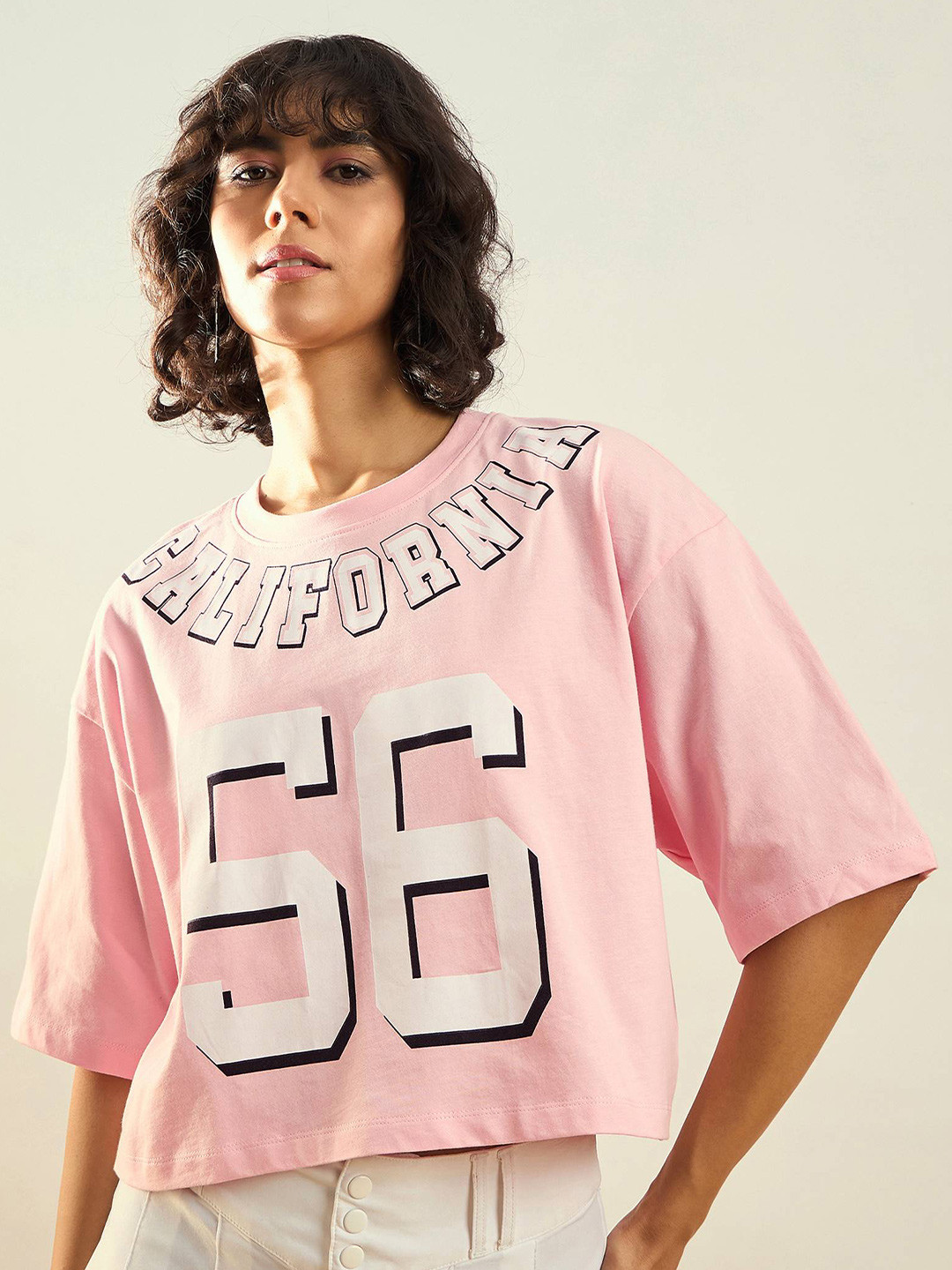 SASSAFRAS Cotton Typography Printed Oversized Crop T-shirt
