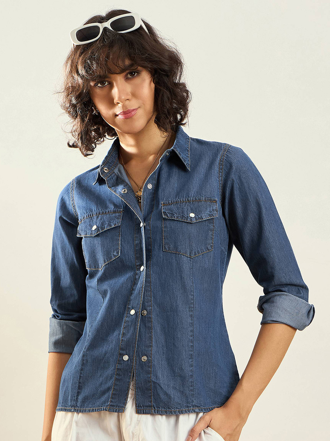 SASSAFRAS Blue Snap Button Placket Long Sleeves Casual Shirt