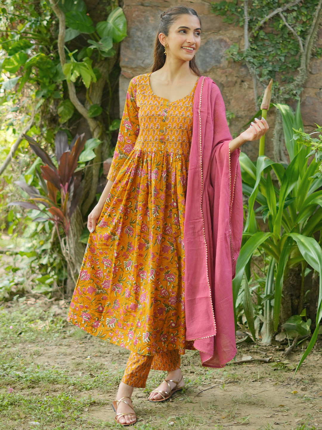 Libas Womens Yellow Printed Cotton Anarkali Kurta With Trousers & Dupatta