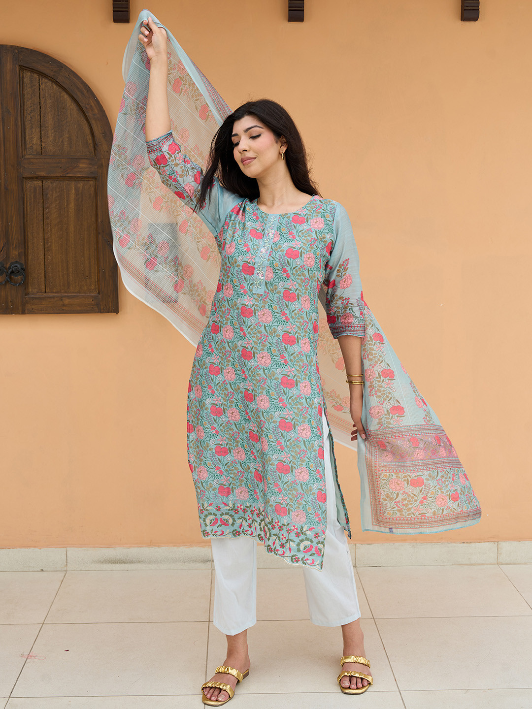 Libas Floral Printed Round Neck Three-Quarter Sleeves Chanderi Silk Kurta Set