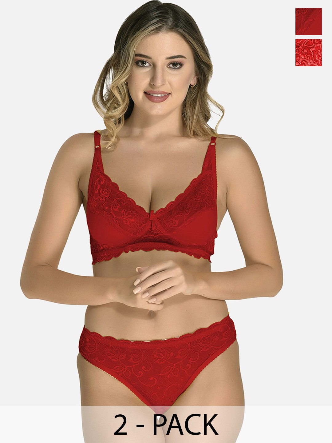 StyFun 2Pcs Floral Lace & Net Bra Panty Lingerie Set VM_Set_Iten_Maroon_Blumer_Red_B