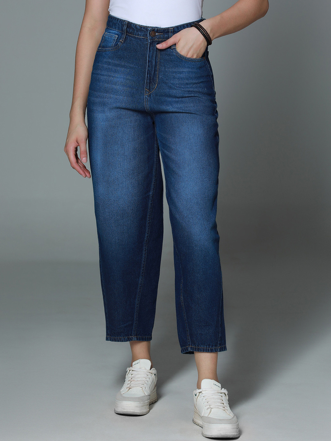 High Star Women High-Rise Dark Blue Jeans - Slouchy Fit