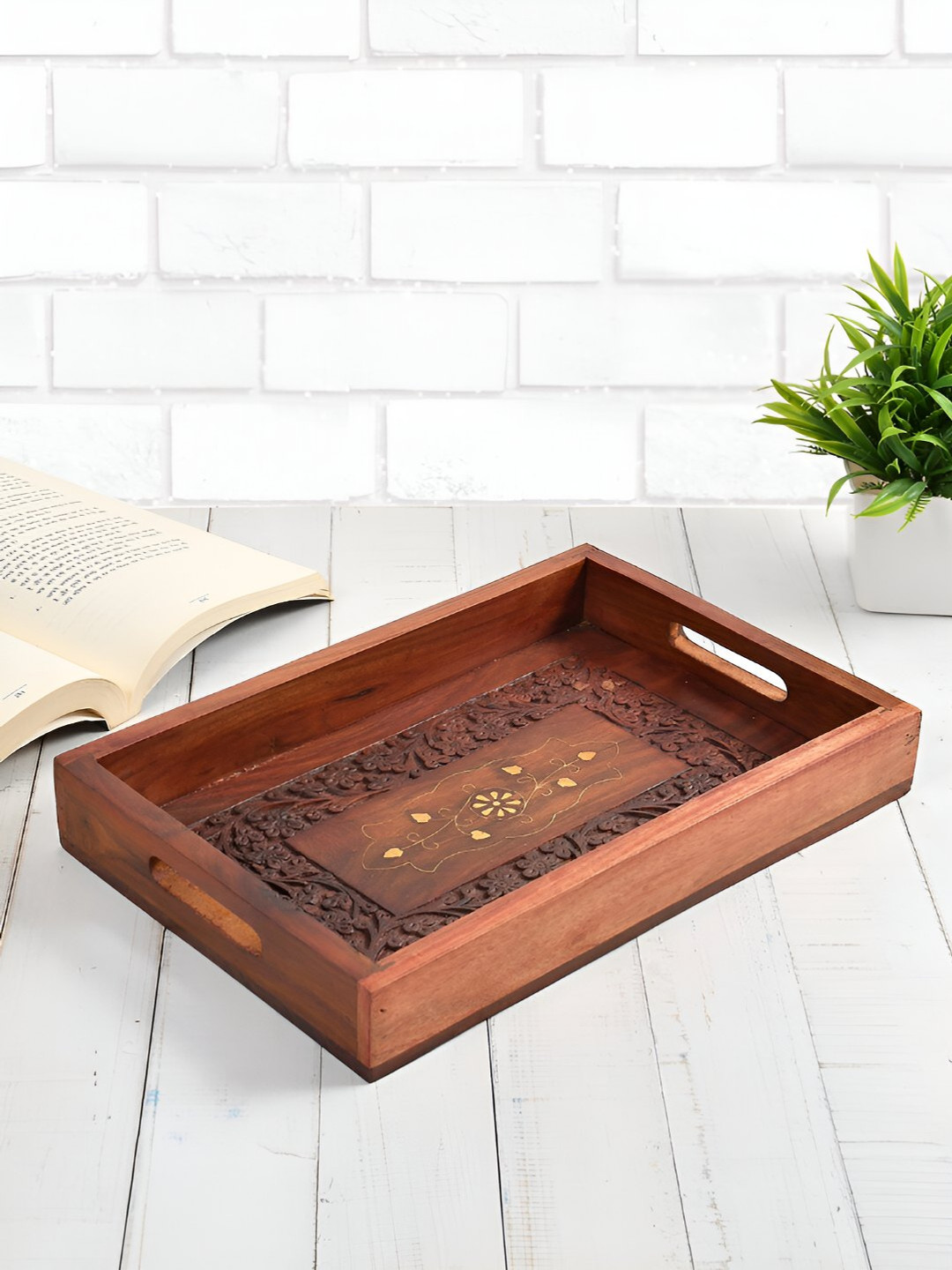 CLIO'S HERITAGE STORE Brown Wooden Carve Serving Tray