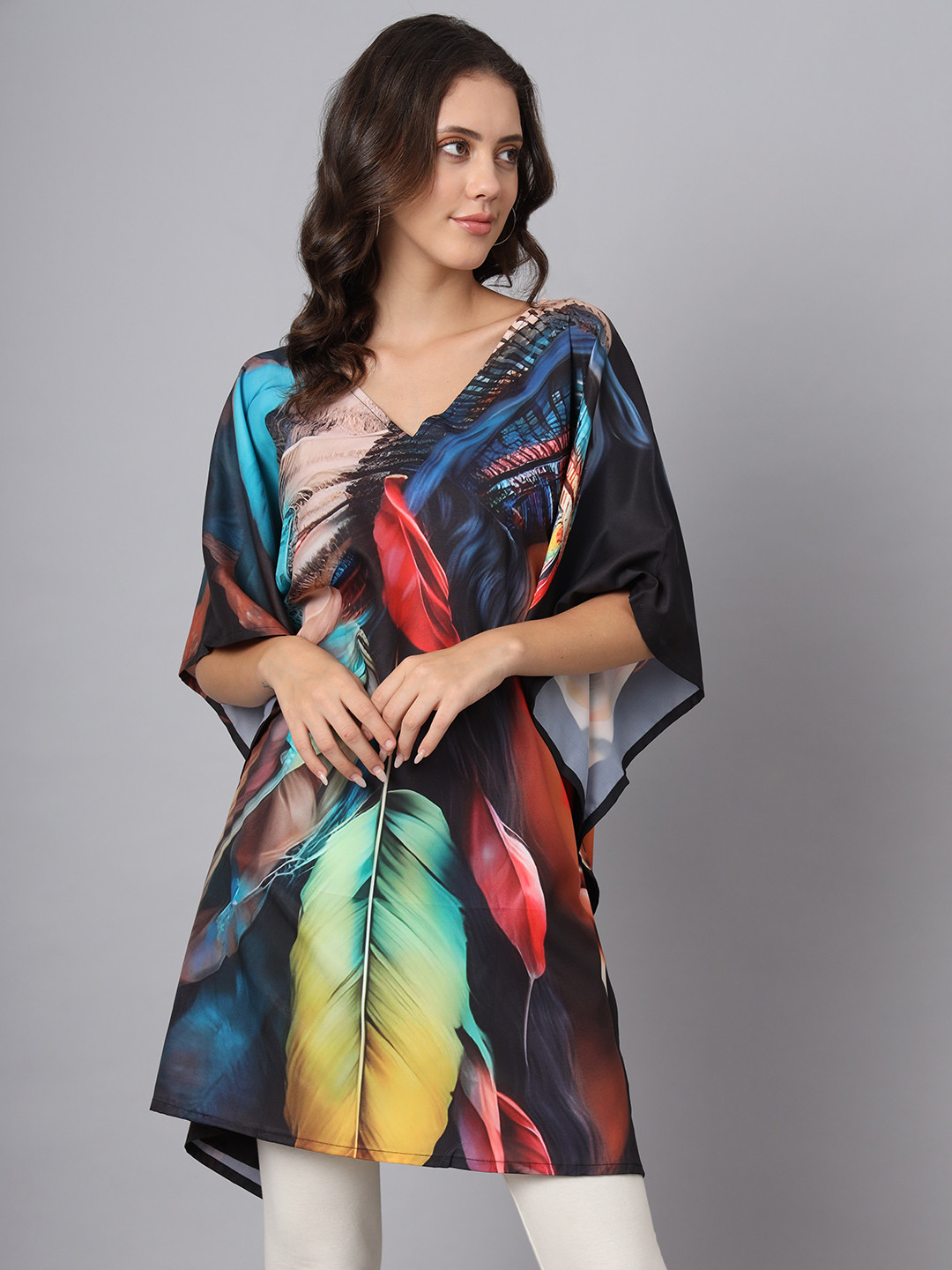 Color Cocktail Conversational Print V-Neck Kimono Sleeve Kaftan Longline Top