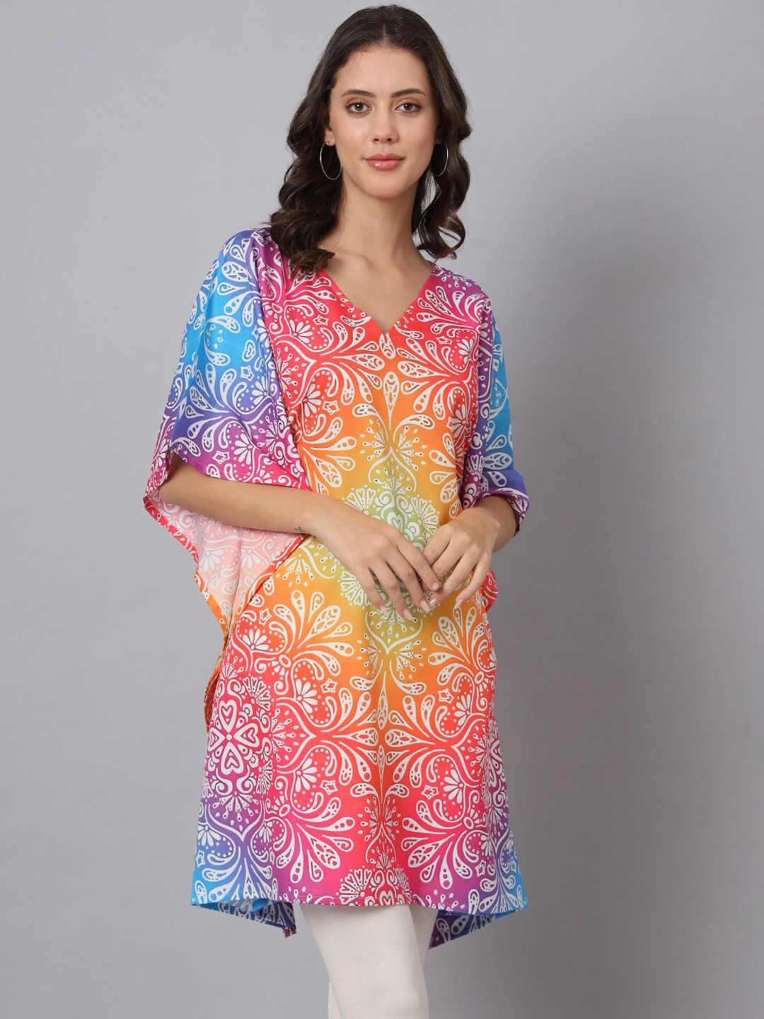 Color Cocktail Floral Printed V-Neck Kimono Sleeve Kaftan Longline Top