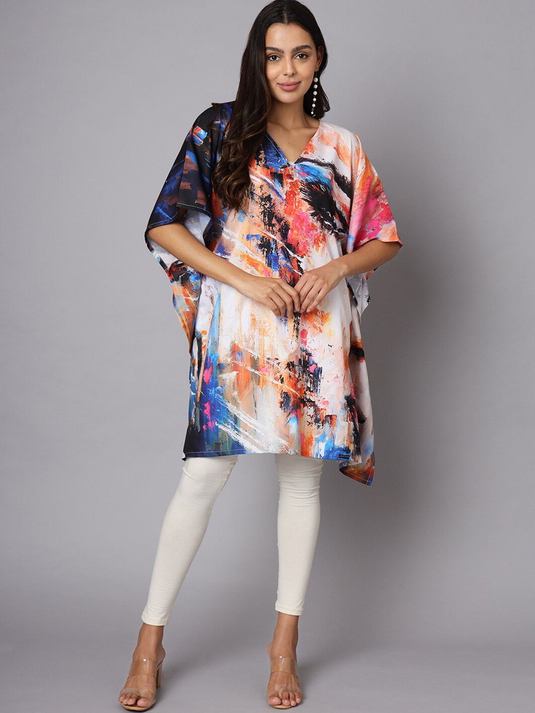 Color Cocktail Floral Printed V-Neck Kimono Sleeve Kaftan Longline Top