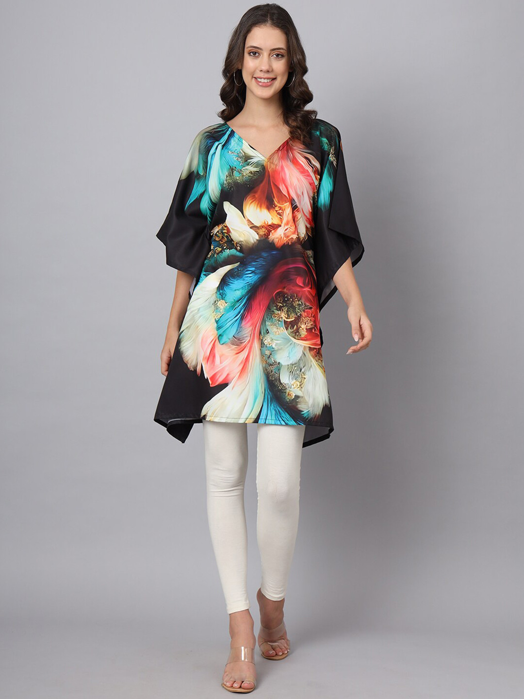 Color Cocktail Floral Printed V-Neck Kimono Sleeves Kaftan Top