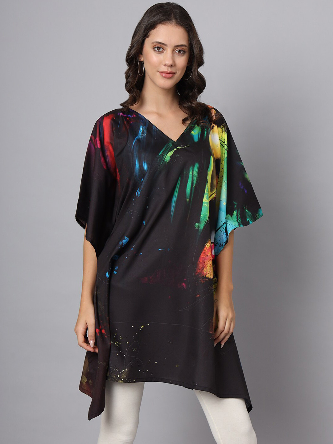 Color Cocktail Abstract Printed V-Neck Kimono Sleeve Kaftan Longline Top