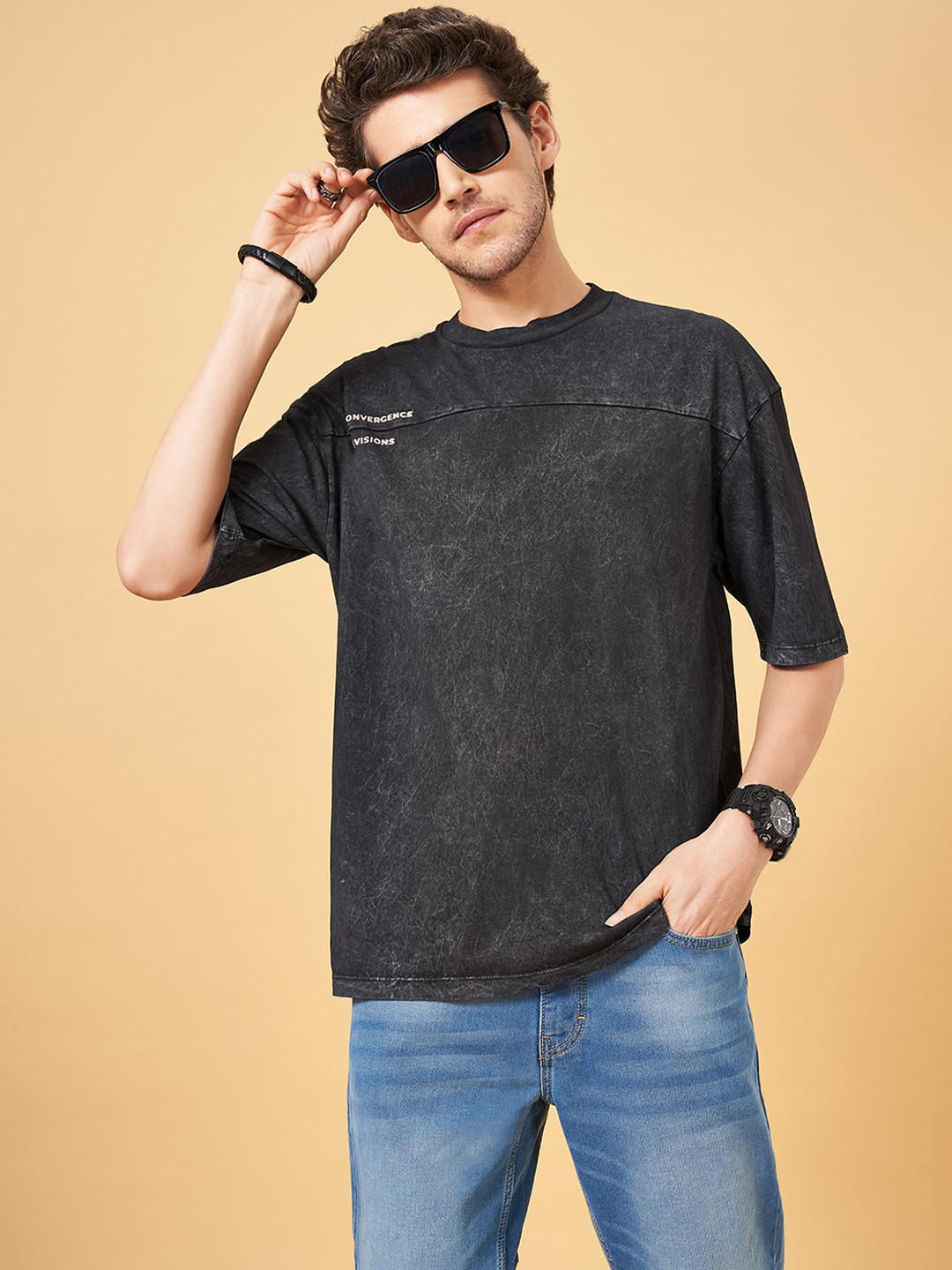 SF JEANS by Pantaloons Round Neck Drop Shoulder Sleeves Oversized Cotton T-shirt