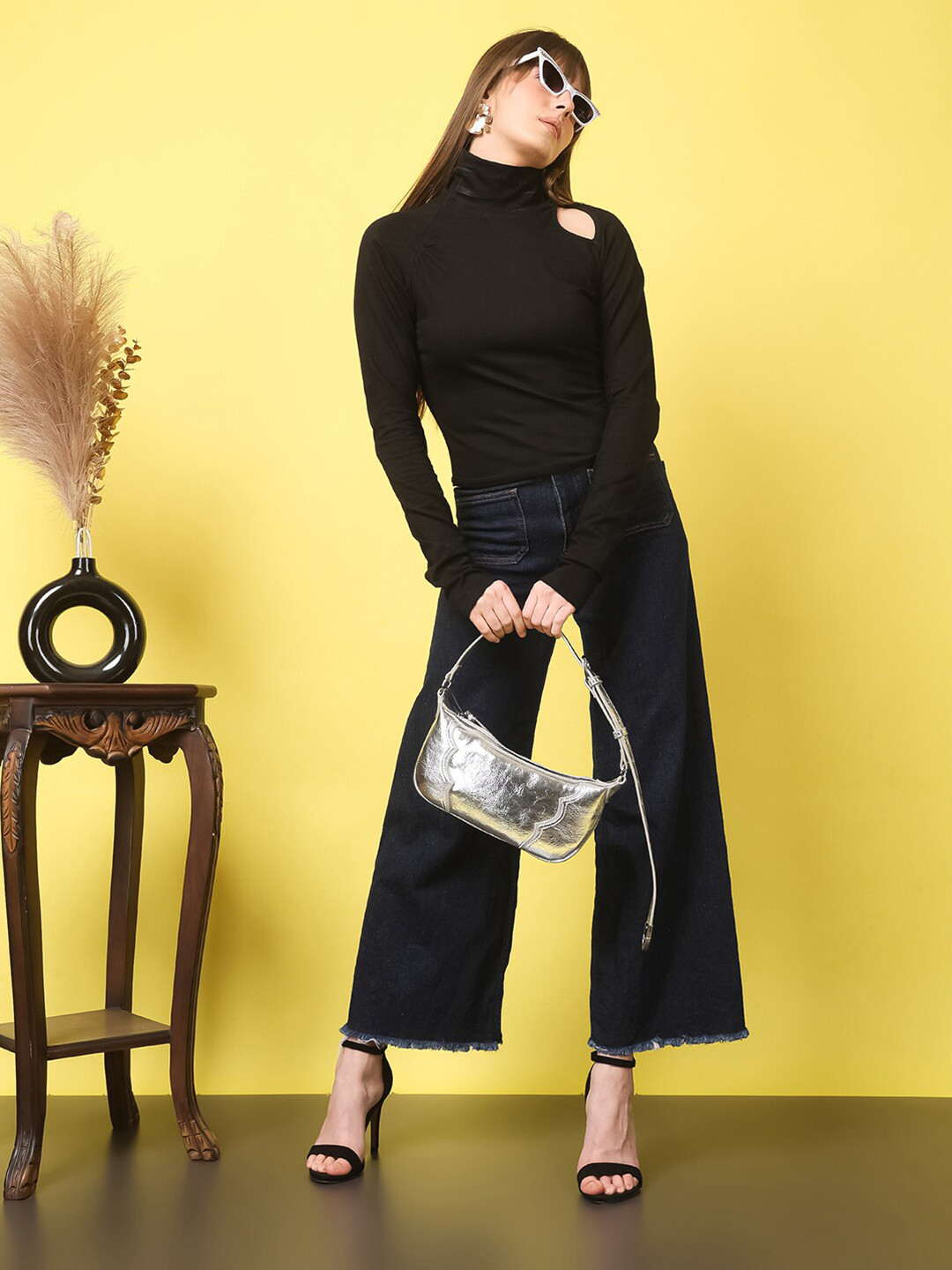 MINOS Sleek Noir High Neck Cotton Longline Top