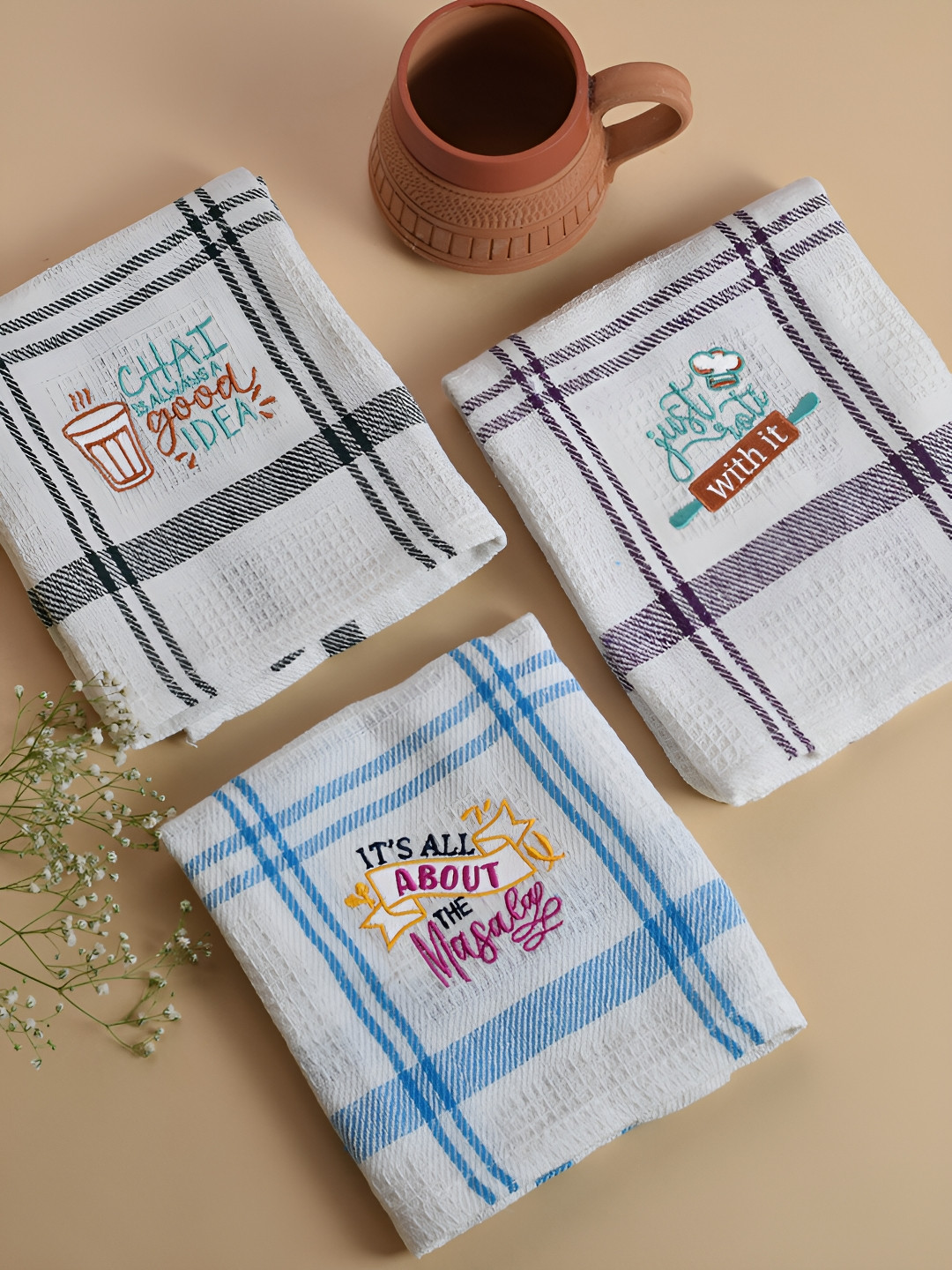 MAATIR DESIGNS White & Blue 3 Pieces Cotton Striped Kitchen Towels