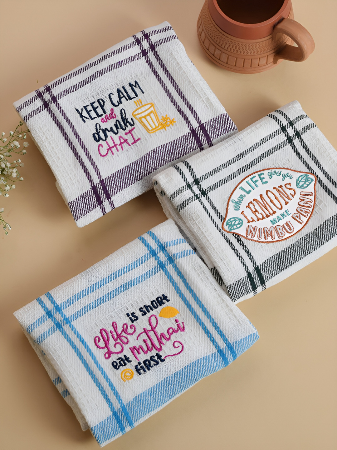 MAATIR DESIGNS White & Blue 3 Pieces Cotton Striped Kitchen Towels