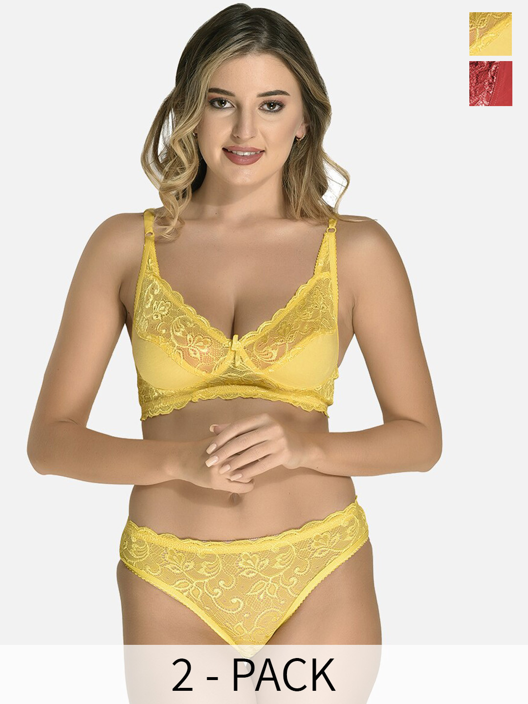 StyFun Pack of 2 Non Padded Lingerie Set VM_Set_Iten_Yellow_Cat_Maroon_B
