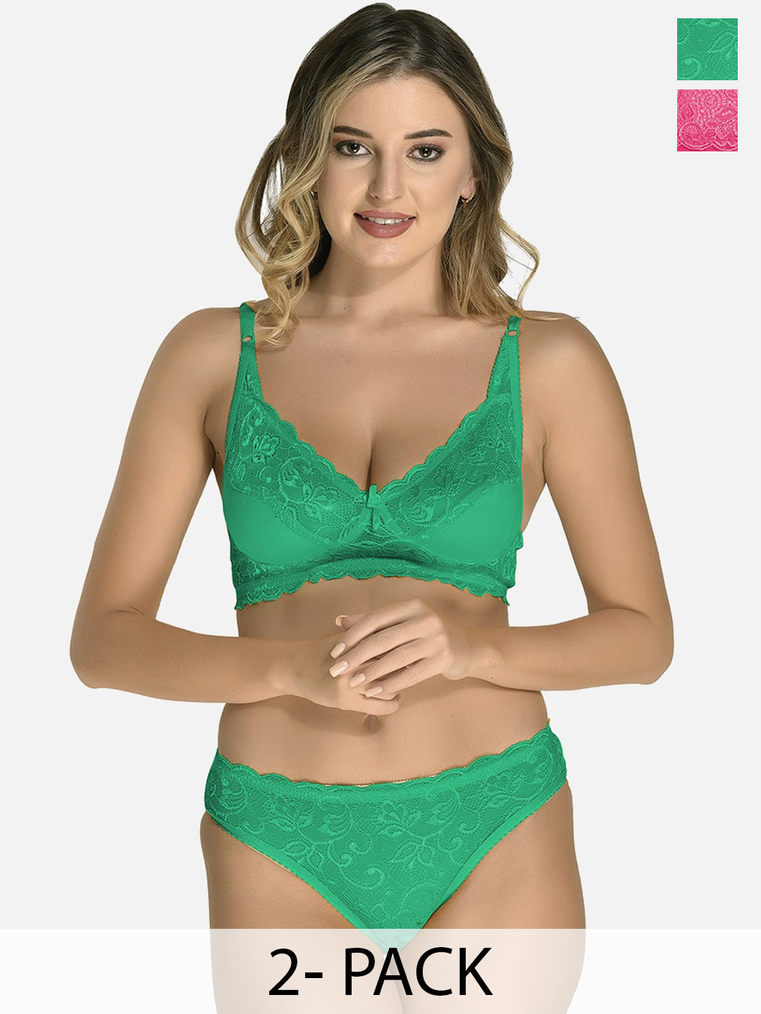 StyFun Pack of 2 Non Padded Lingerie Set VM_Set_Iten_Green_Cat_Pink_B