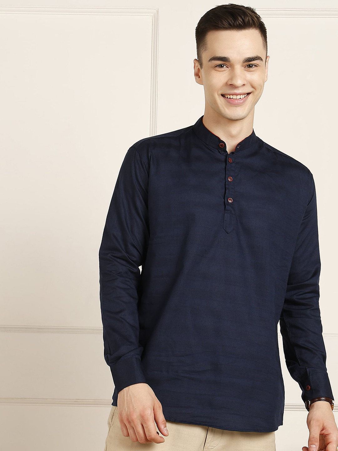 FUBAR Striped Mandarin Collar Straight Short Kurta