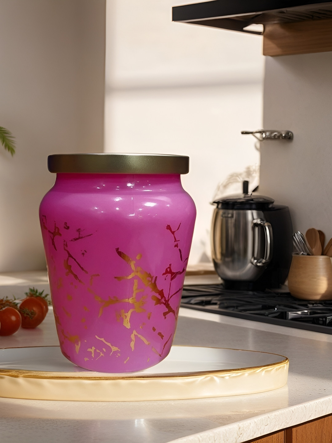 Mithila Handicrafts Pink Marble Glass Screw Top Canister-600ml