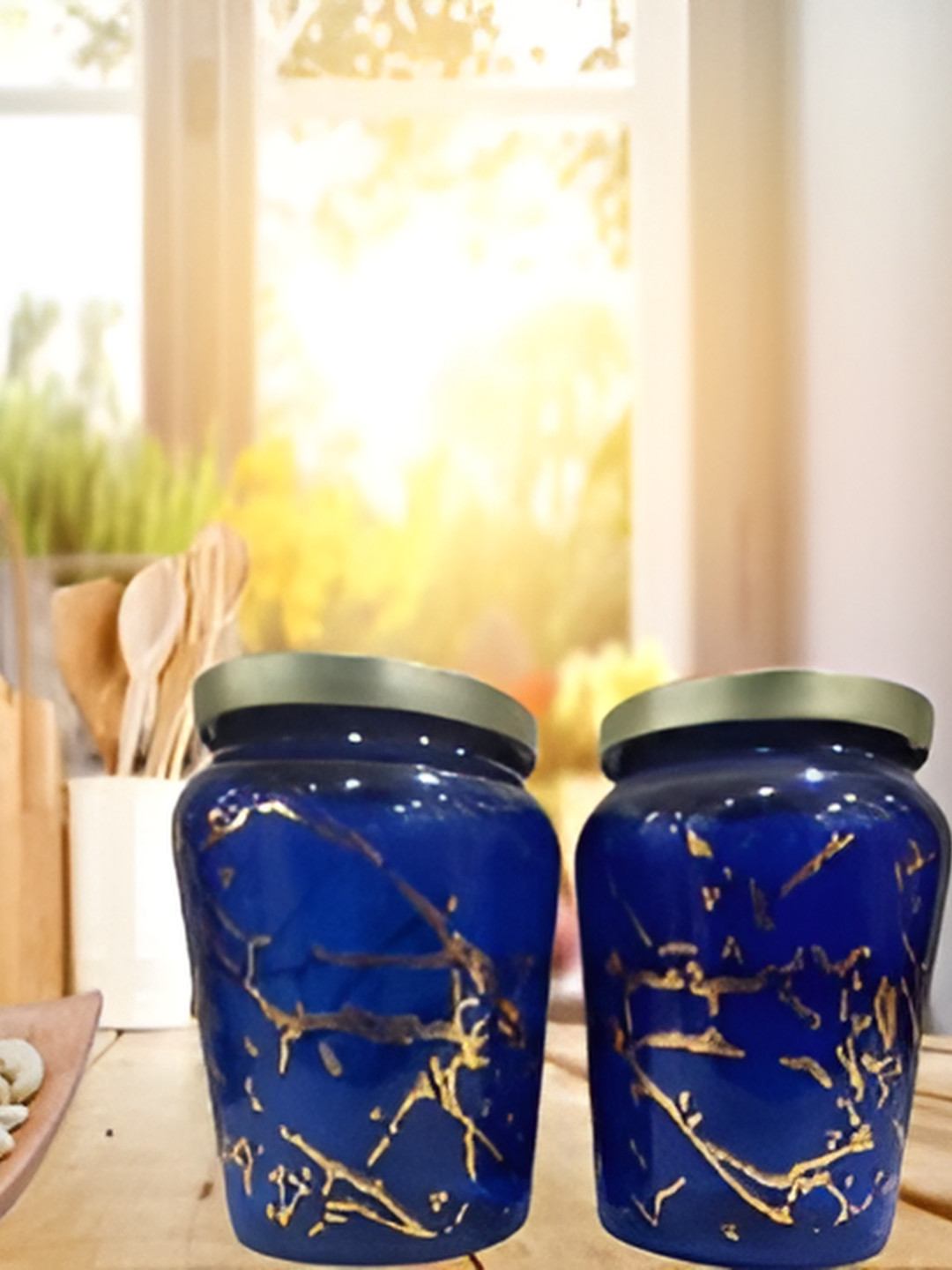 Mithila Handicrafts Handcrafted Blue Marble Glass 2 Piece Flip Top Canister-600ml