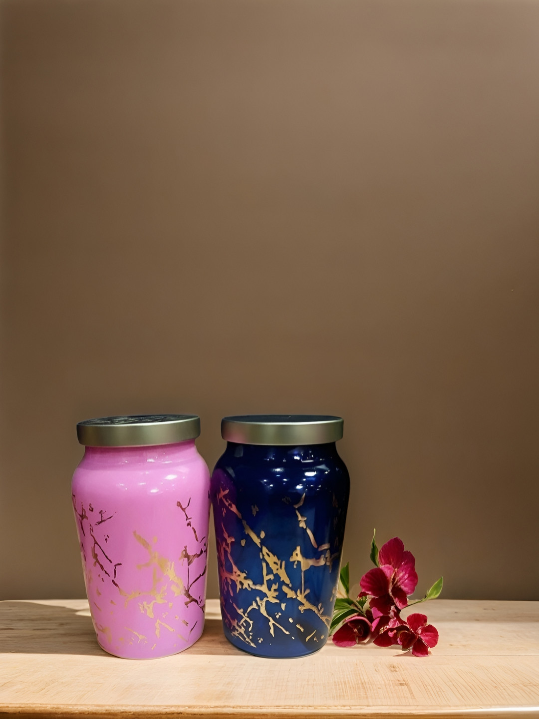 Mithila Handicrafts Handicrafts Decorative Pink Marble Glass 2 Piece Screw Top Canister-600ml