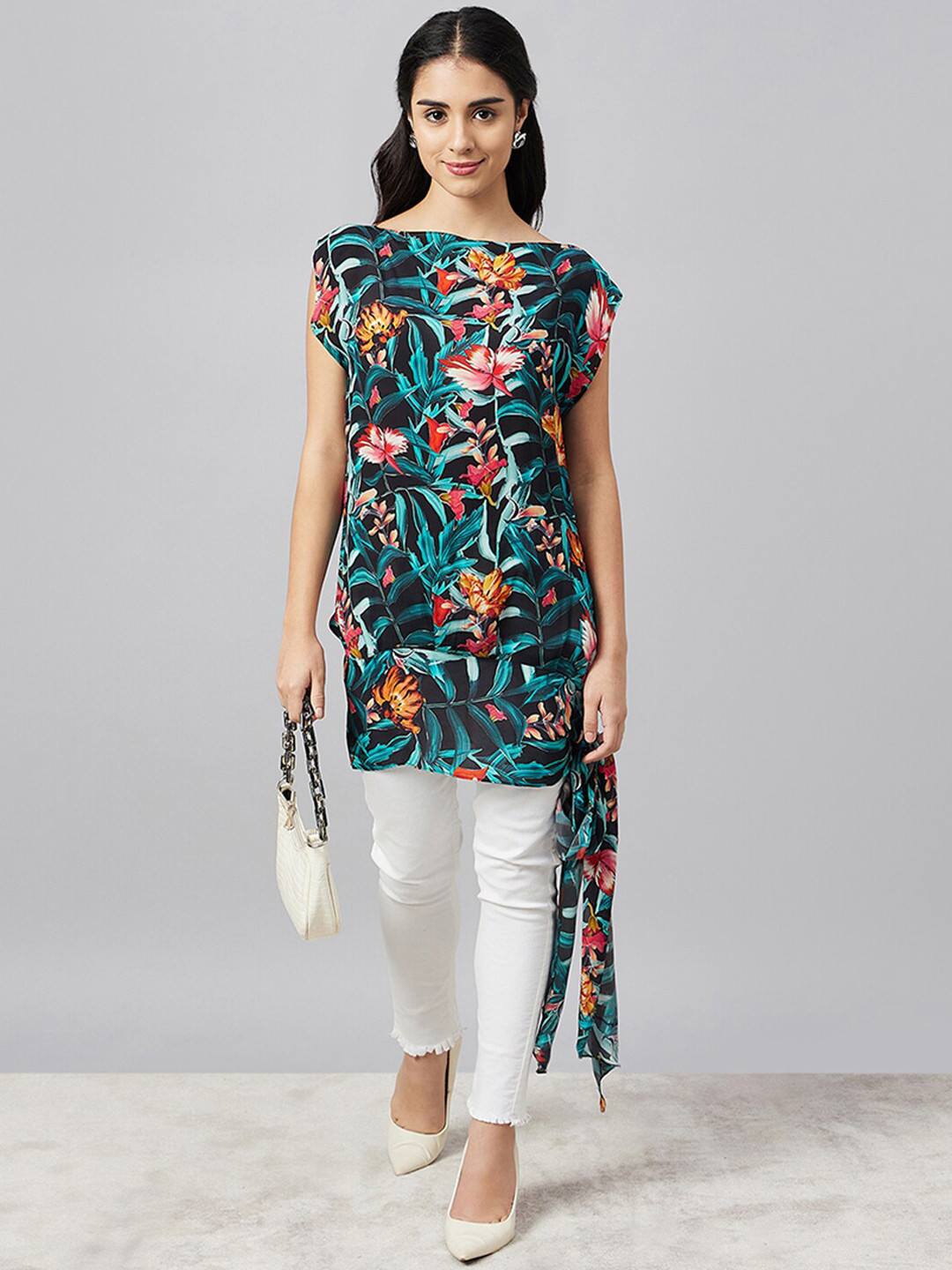 First Resort by Ramola Bachchan Floral Printed Boat Neck Cap Sleeves Tropical Crepe Top