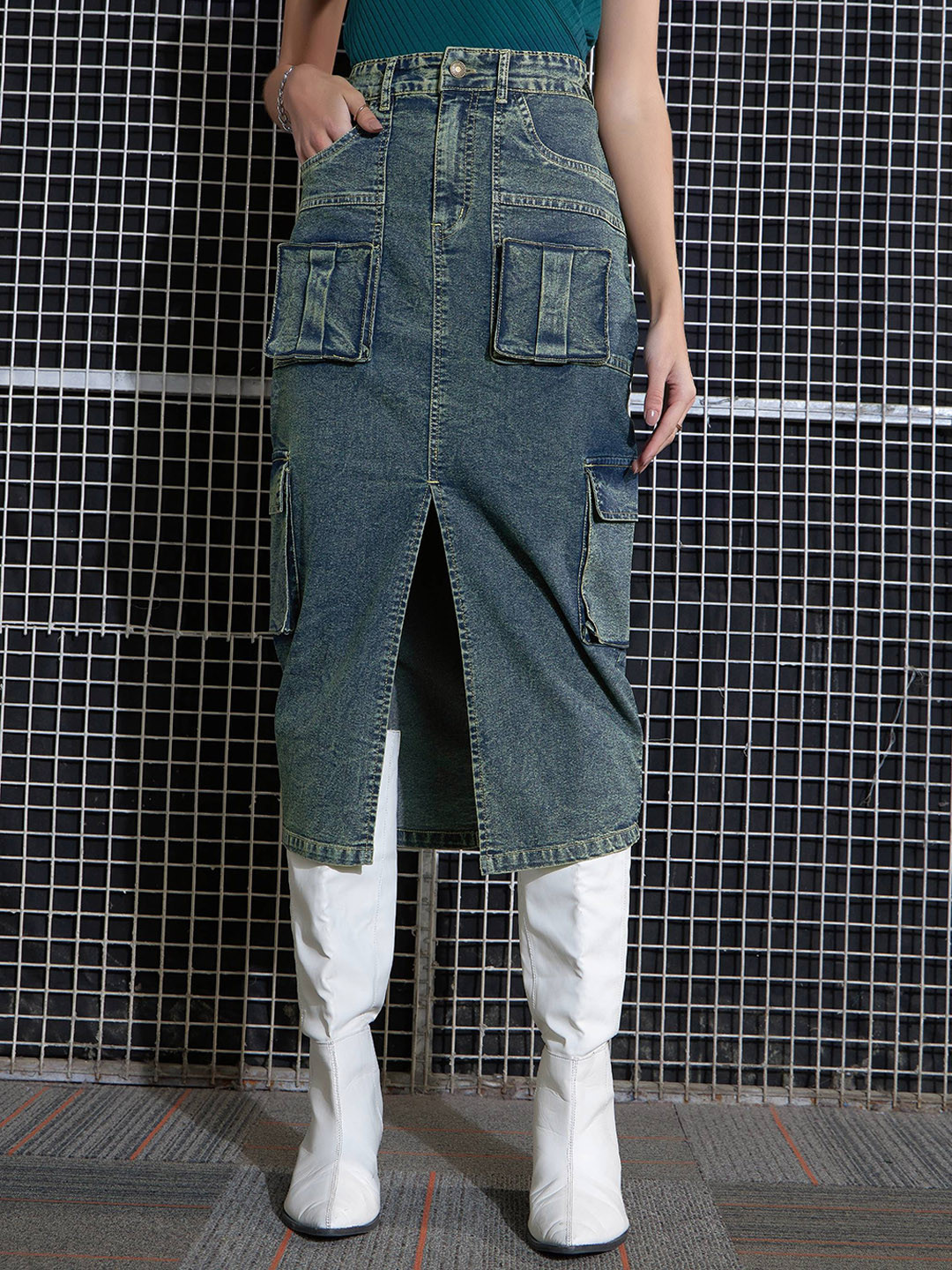 SASSAFRAS Green Washed Pocket Detail Box Pencil Midi Skirt