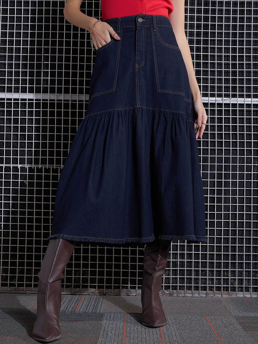 SASSAFRAS Navy Blue Denim Flared Midi Skirt