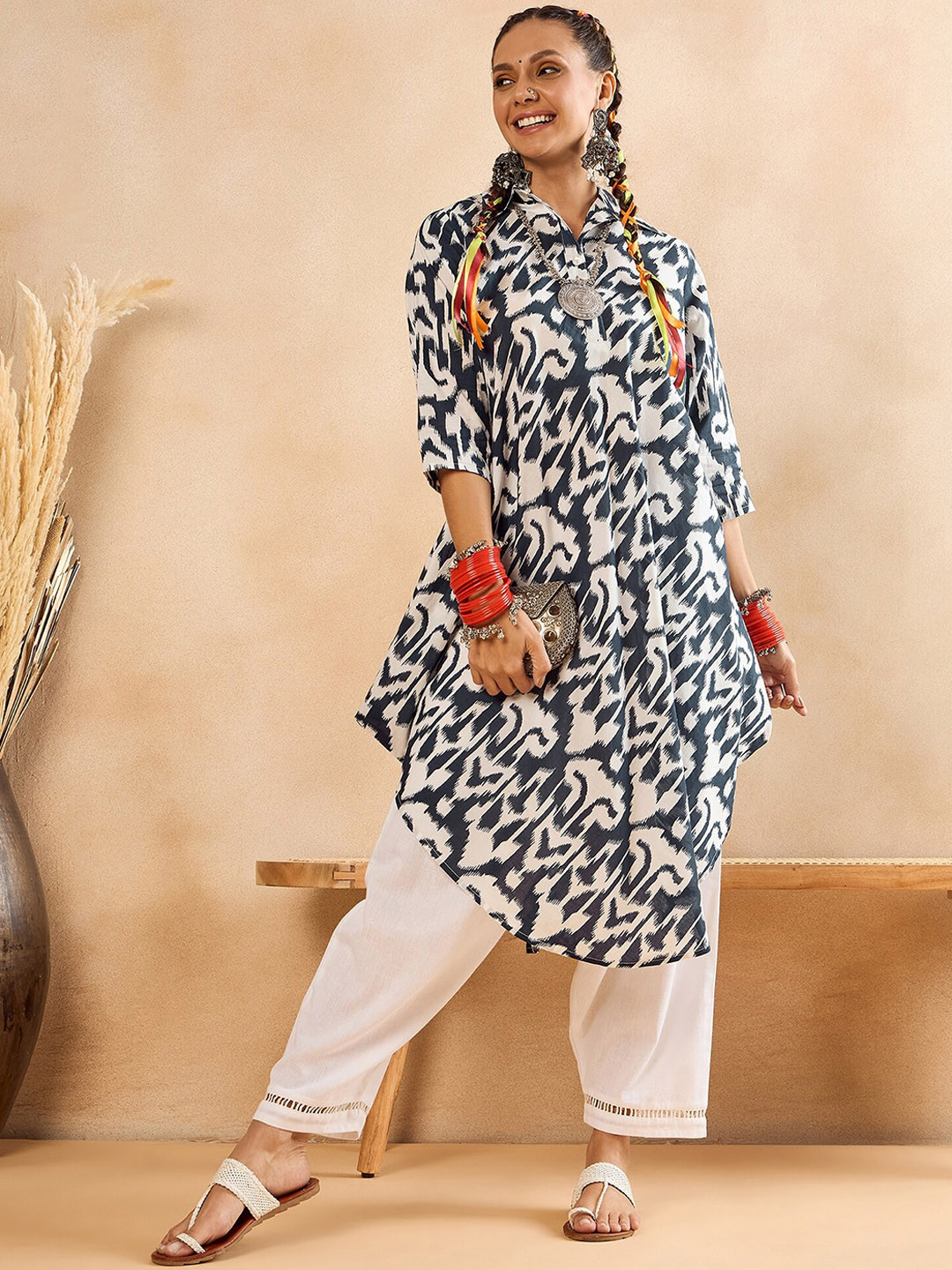 WineRed Ethnic Motifs Printed Pure Cotton Oversized Tunic With Trouser