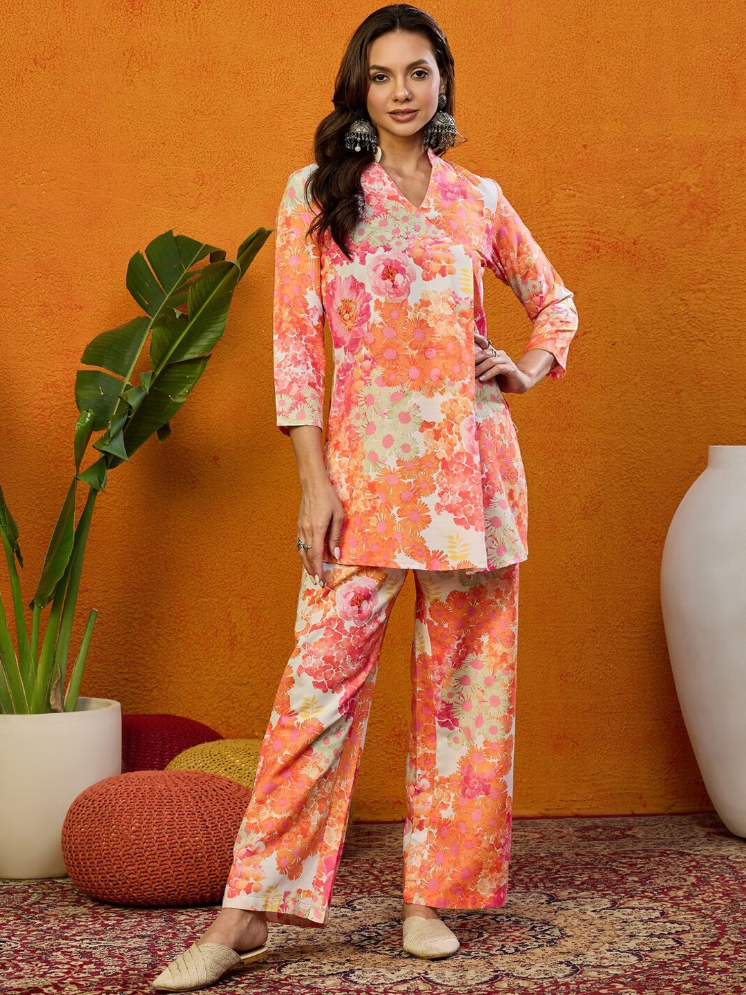 AHIKA Orange-Coloured Floral Printed Mandarin Collar Tunic With Trousers