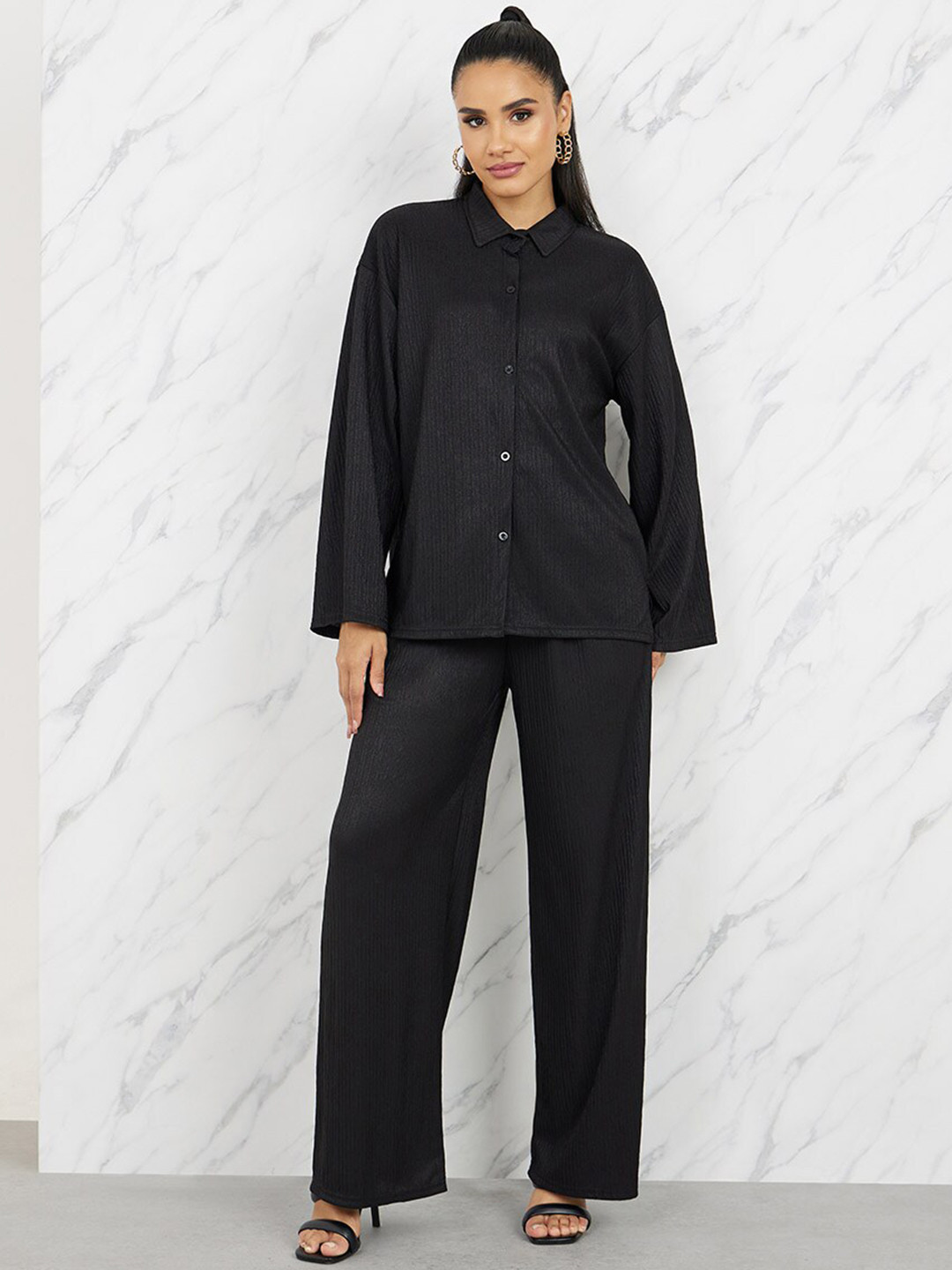 Styli Black Shirt Collar Shirt With Wide Leg Trousers