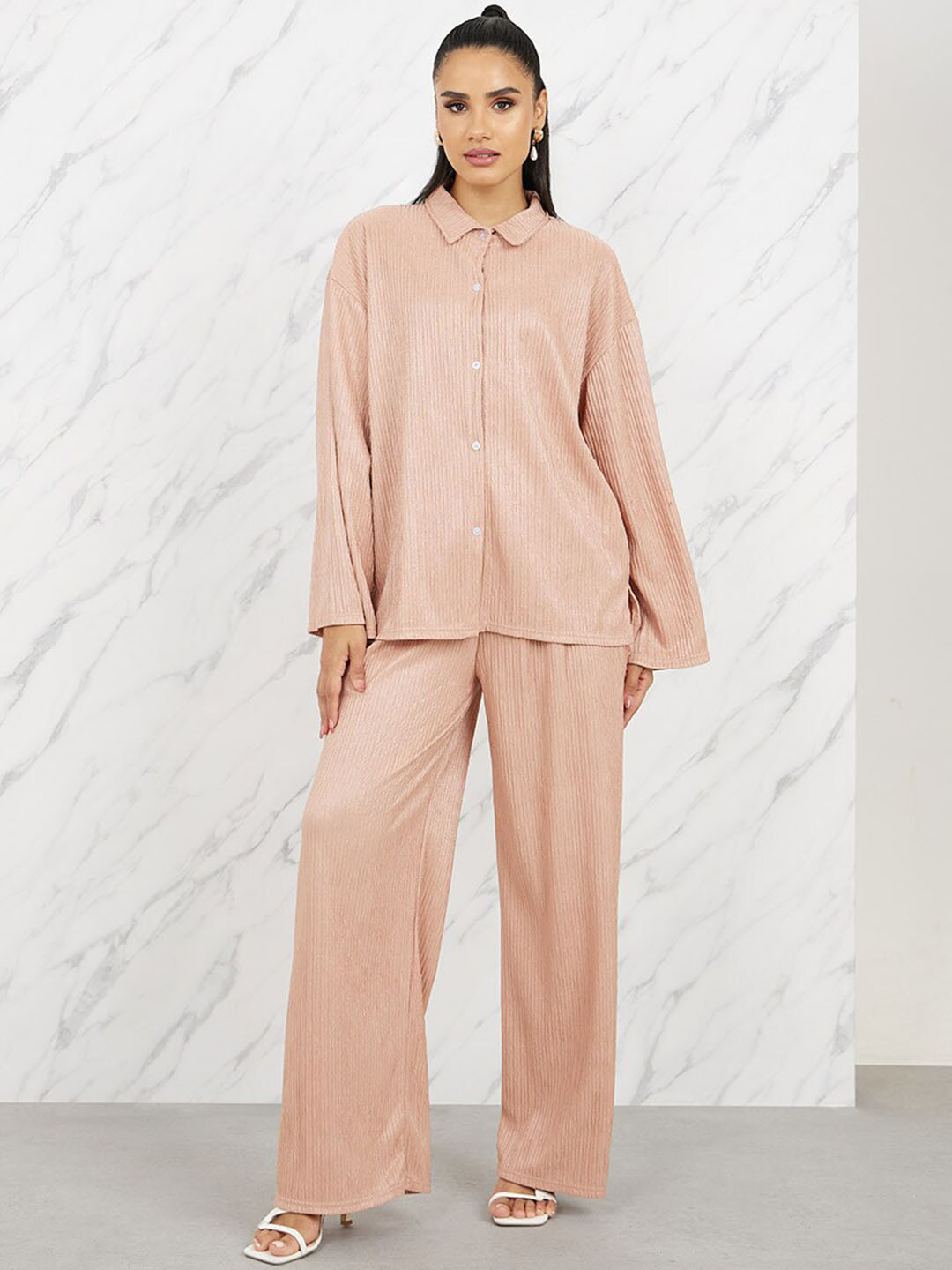 Styli Beige Shirt Collar Shirt With Wide Leg Trousers