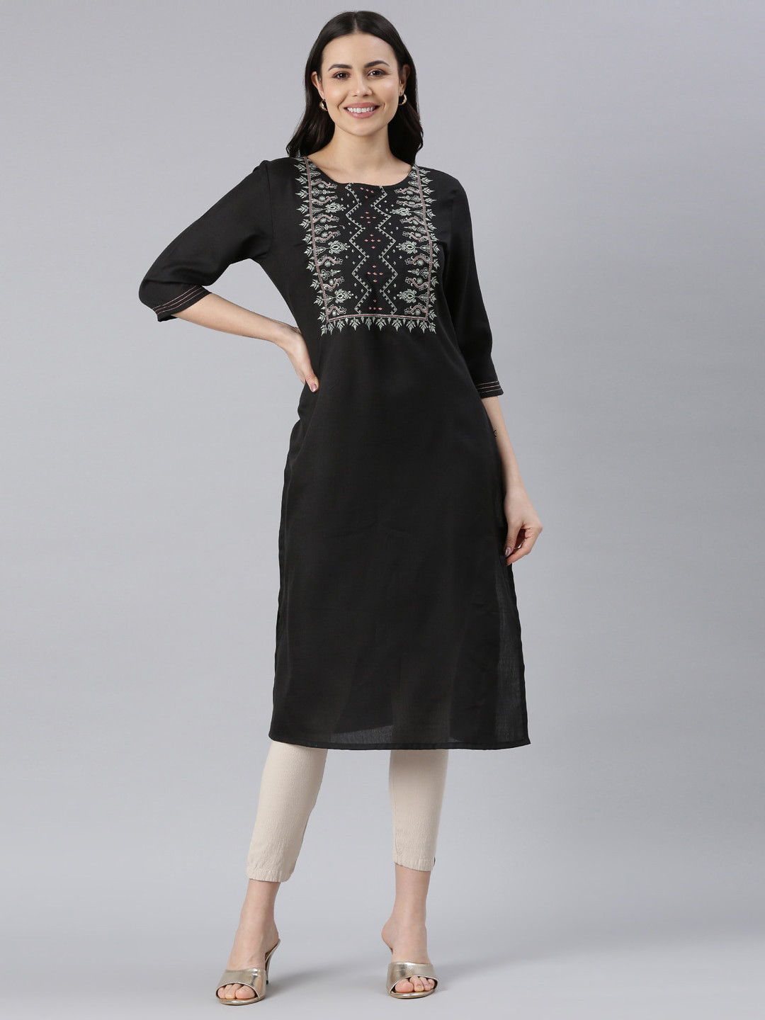Samhitas Geometric Yoke Design Mirror Work Straight Cotton Kurta