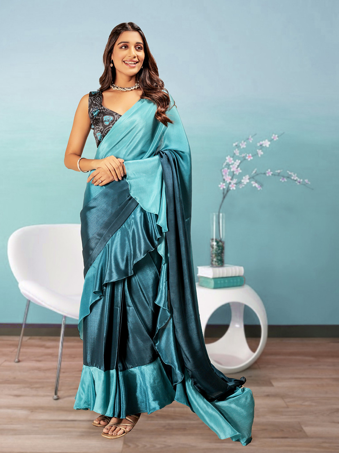 RACHNA Prestitched Frill Work Ready To Wear Saree